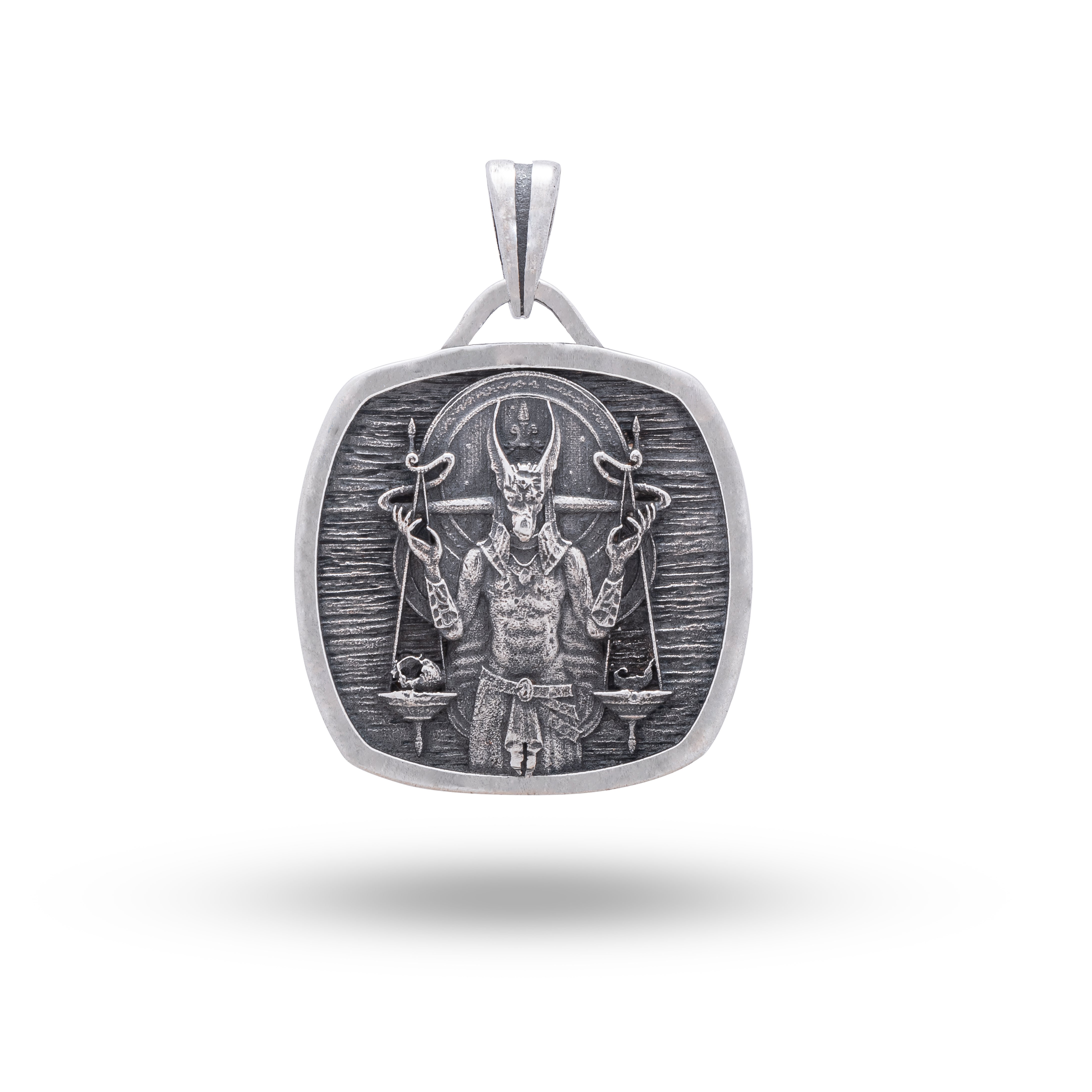 Front view of Anubis Scale Square Egyptian 925 Sterling Silver Pendant featuring oxidized silver finish.