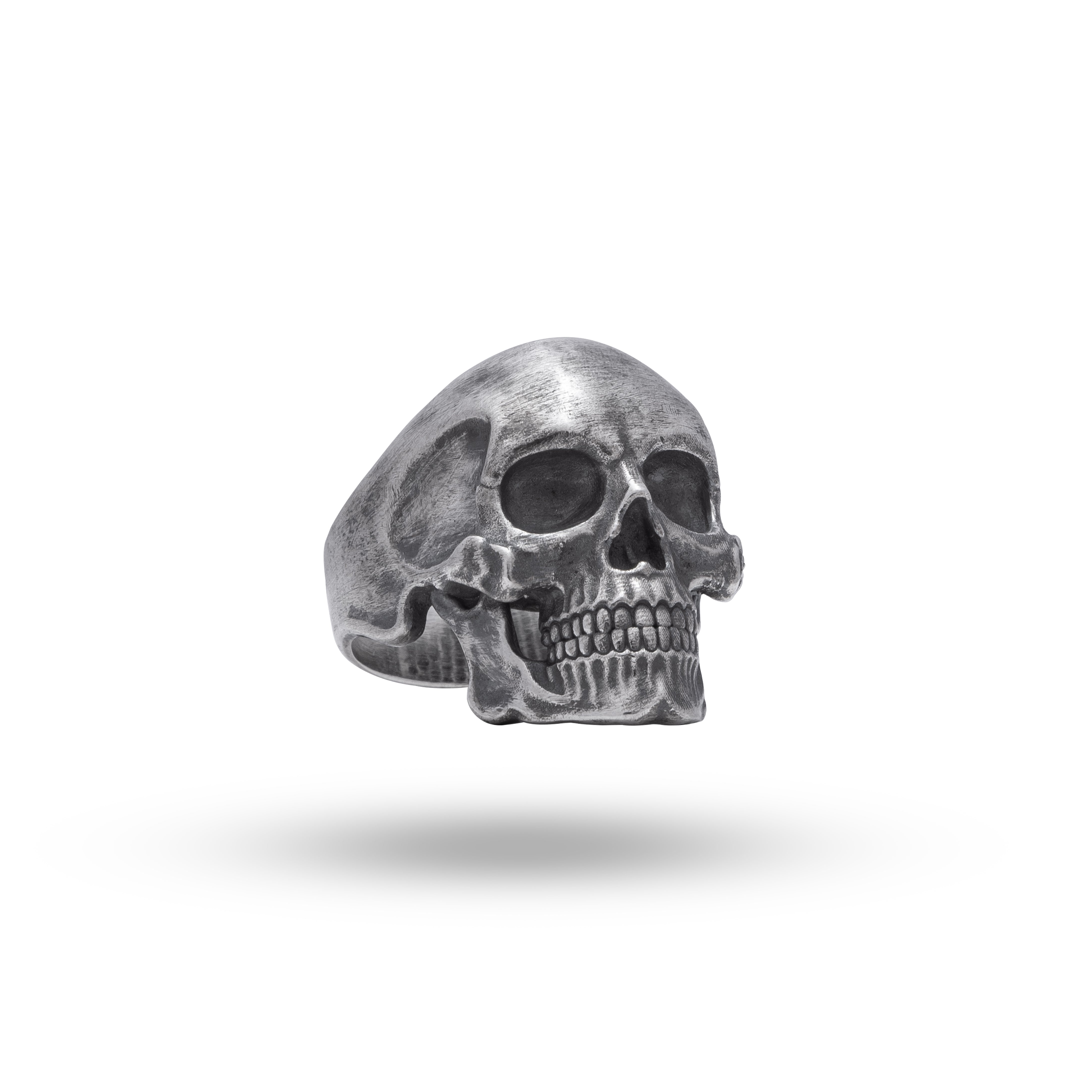 Front view of Gothic Skull Skeleton 925 Sterling Silver Ring by White Lion Jewels, showcasing detailed skull design.
