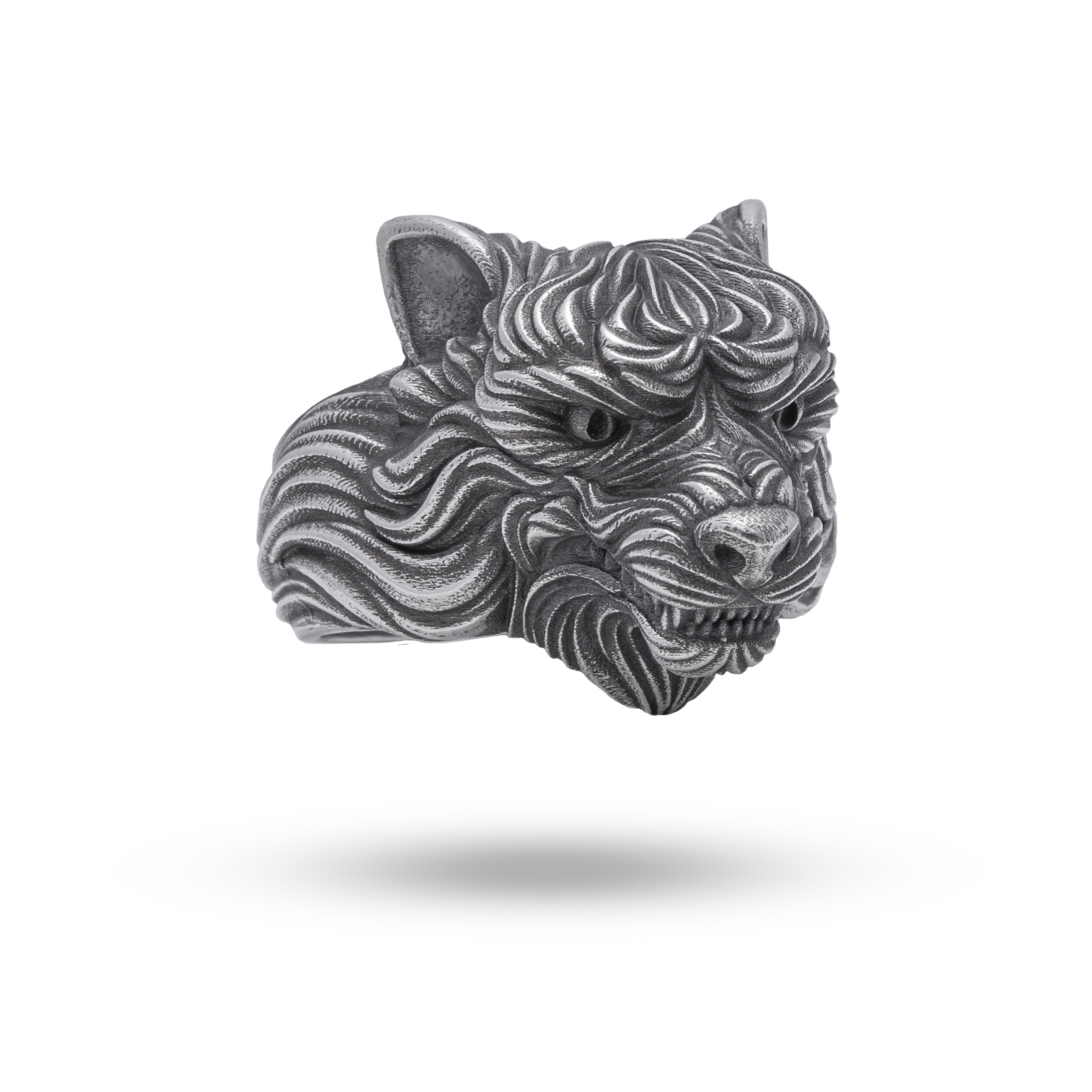 Front view of Angry Wolf Head 925 Sterling Silver Ring with oxidized finish.