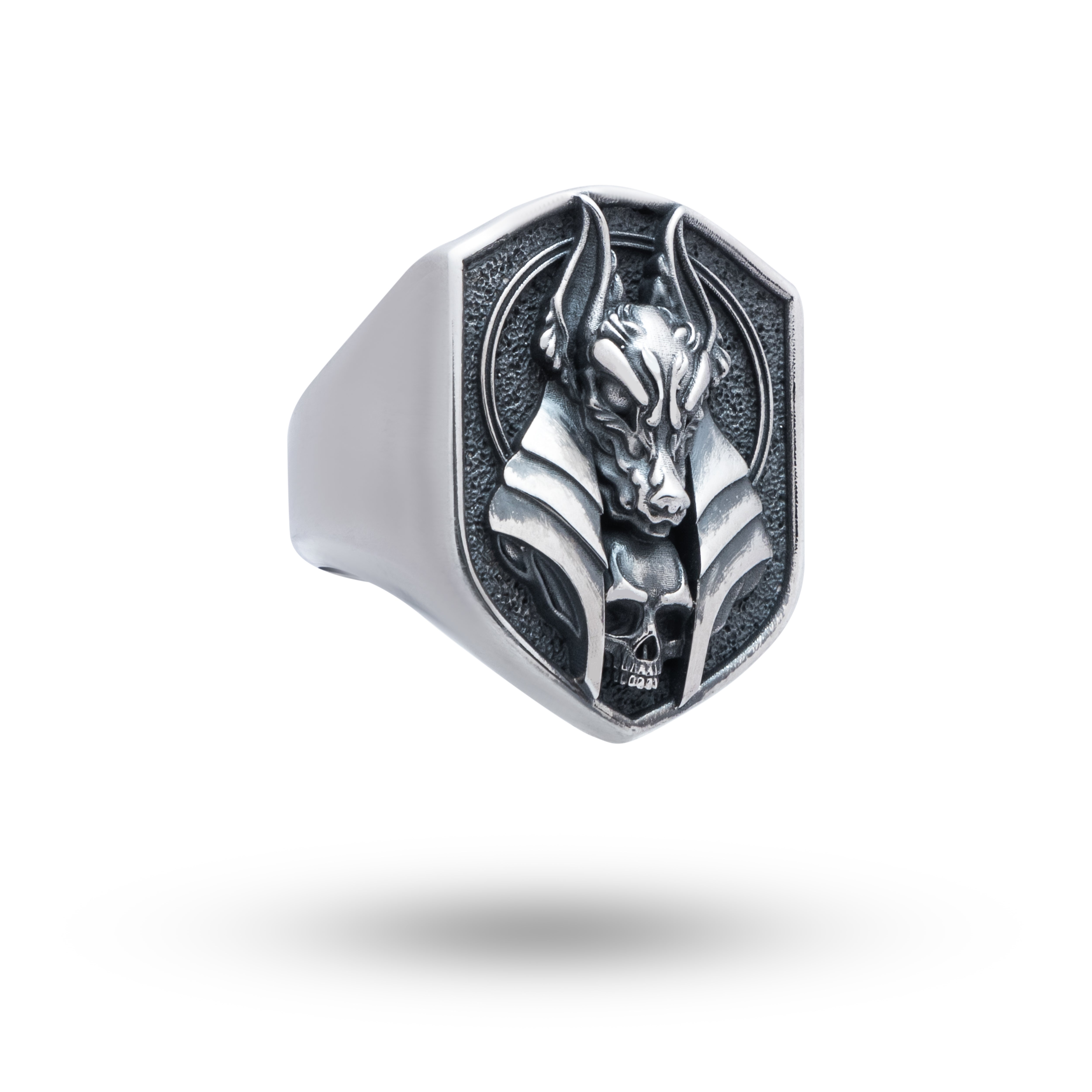 Anubis Skull Sterling Silver Ring in oxidized finish, crafted for elegance and spirituality, perfect for mythology lovers.