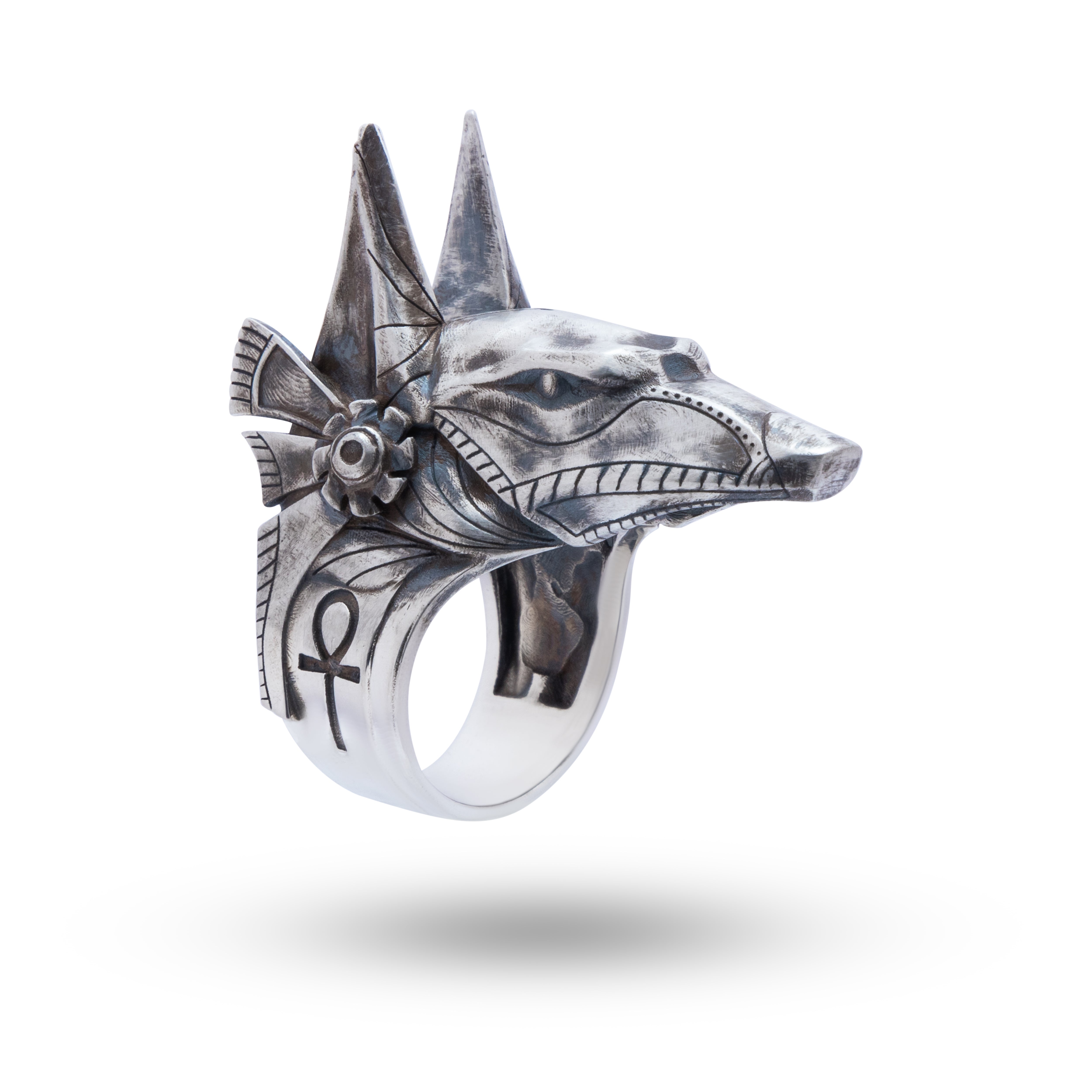 Front view of Anubis Egyptian Deity God Ankh 925 Sterling Silver Ring with oxidized finish and intricate detailing by White Lion Jewels.