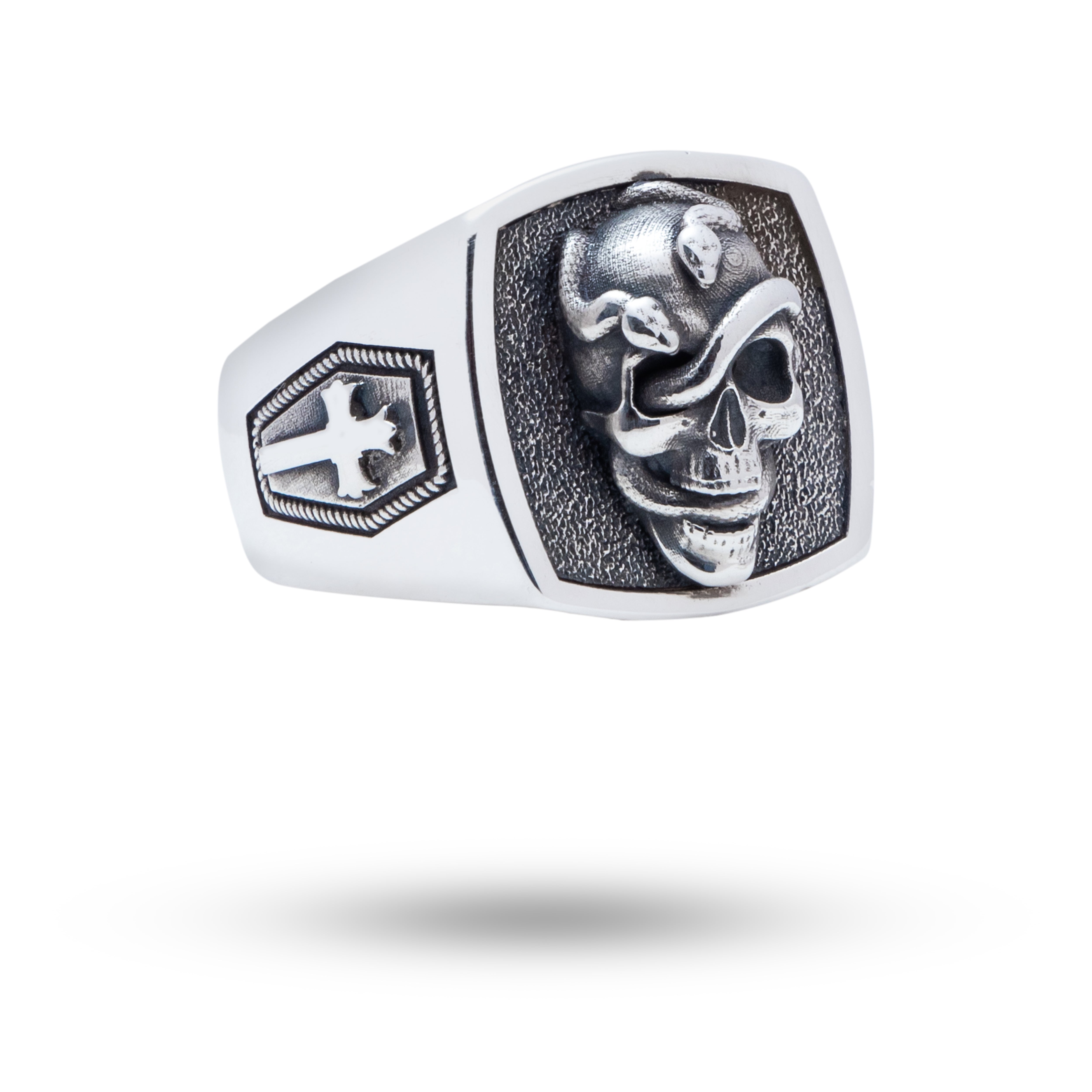 Front view of the Snakes Skull 925 Sterling Silver Ring showcasing its intricate skull and serpent design, crafted in oxidized silver.