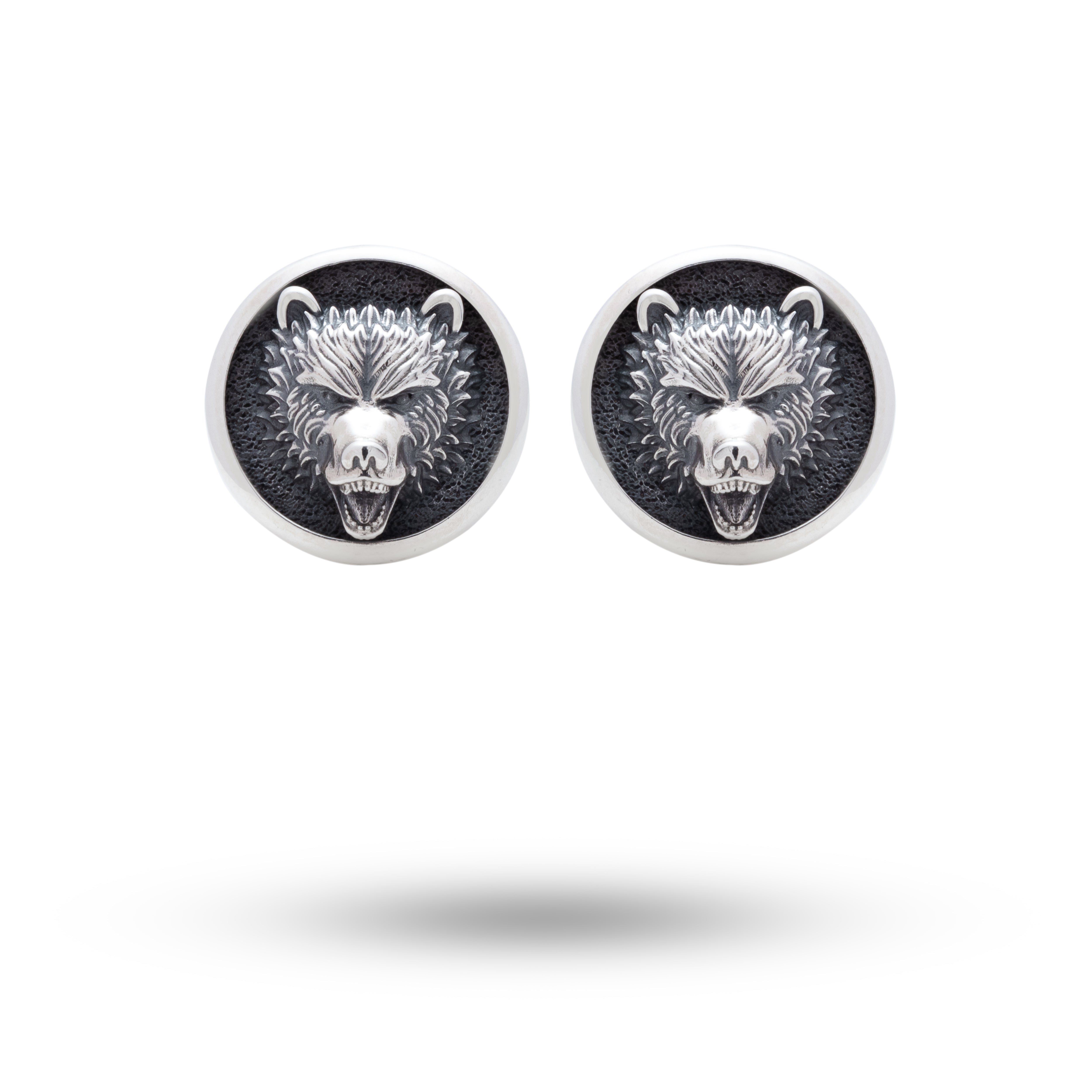 Wild Bear 925 Sterling Silver Cufflinks front view showcasing oxidized circular design for business attire