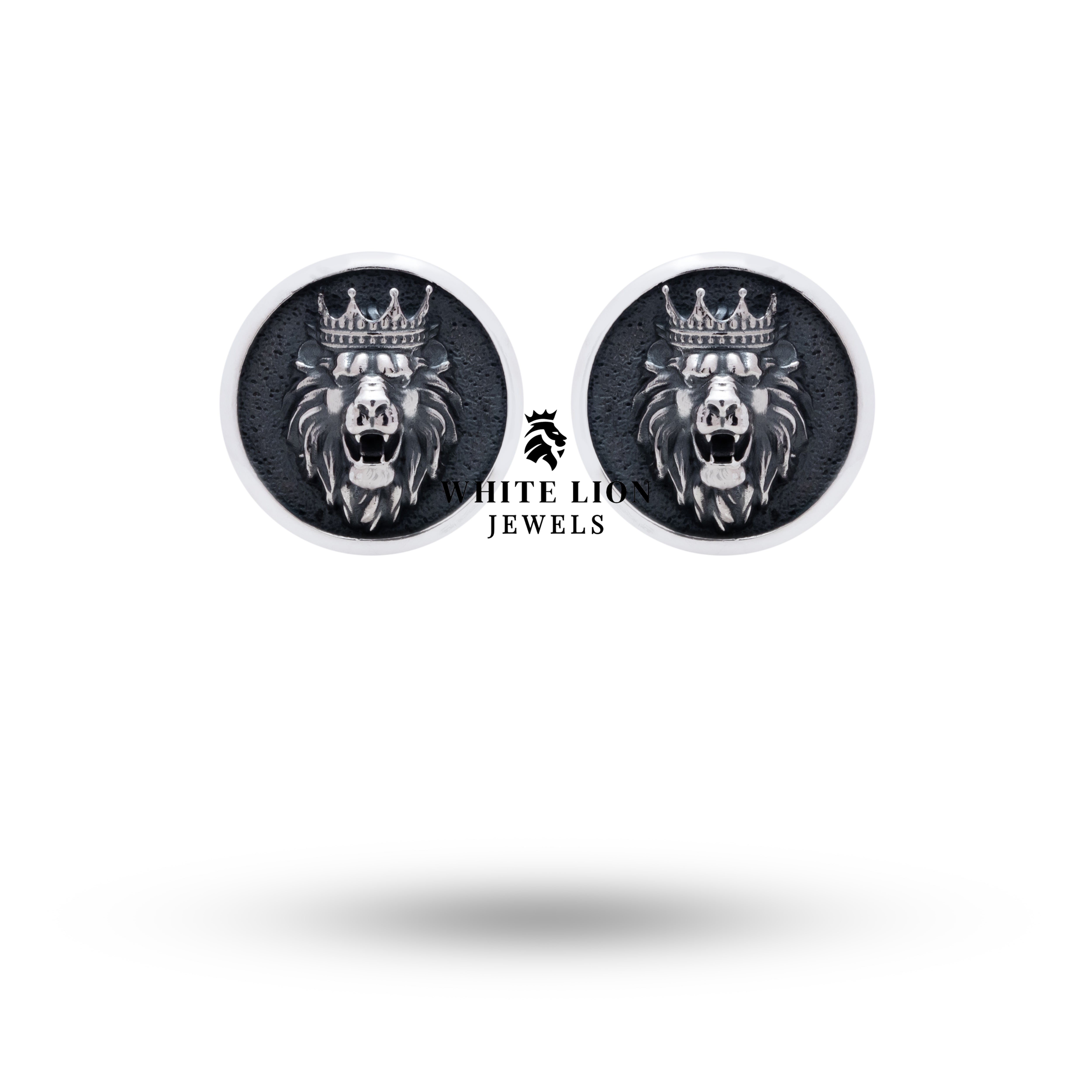 Front view of Lion King Crown 925 Sterling Silver Cufflinks showcasing circle shape in oxidized silver.