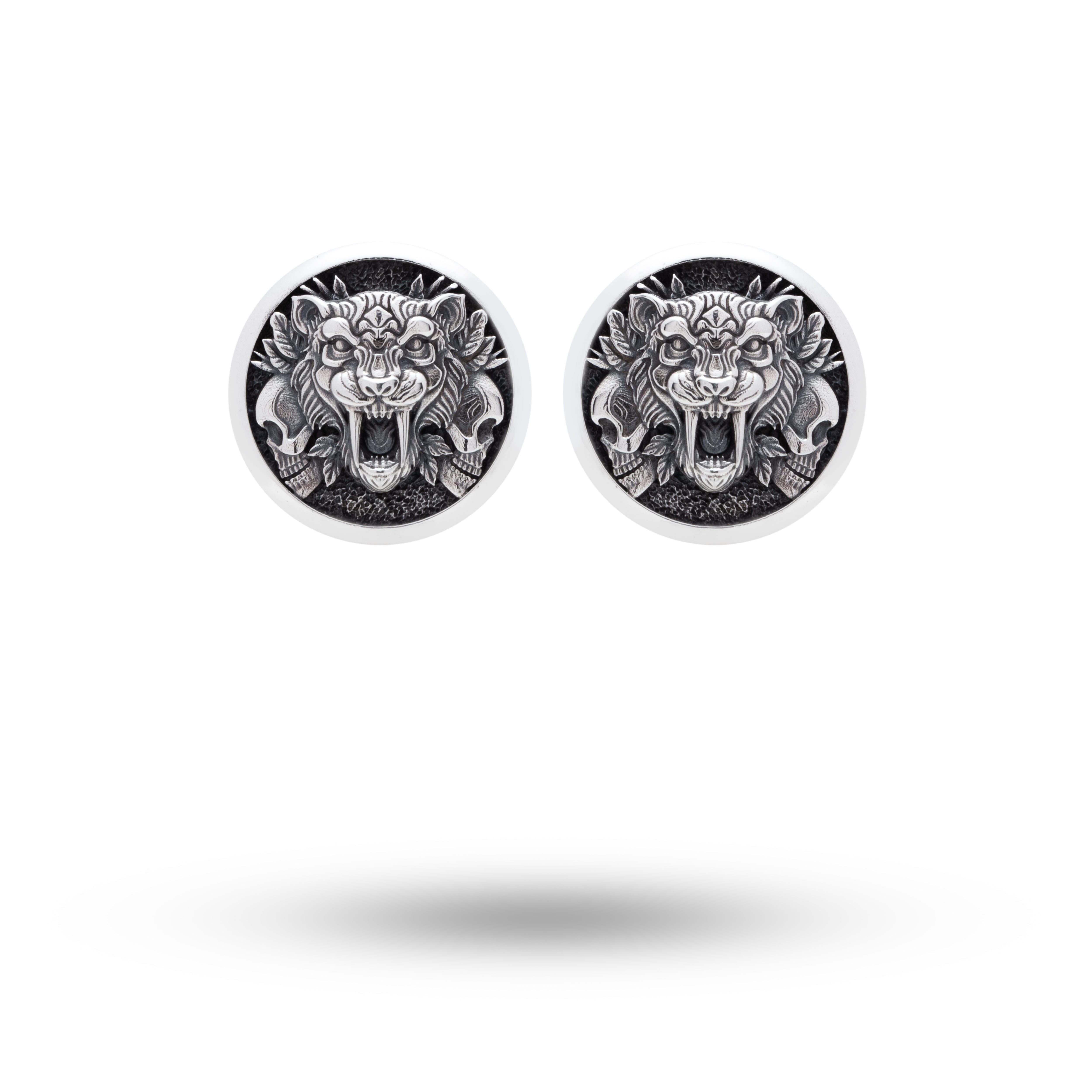 Saber Tooth Tiger 925 Sterling Silver Cufflinks with oxidized finish displayed on dark background.