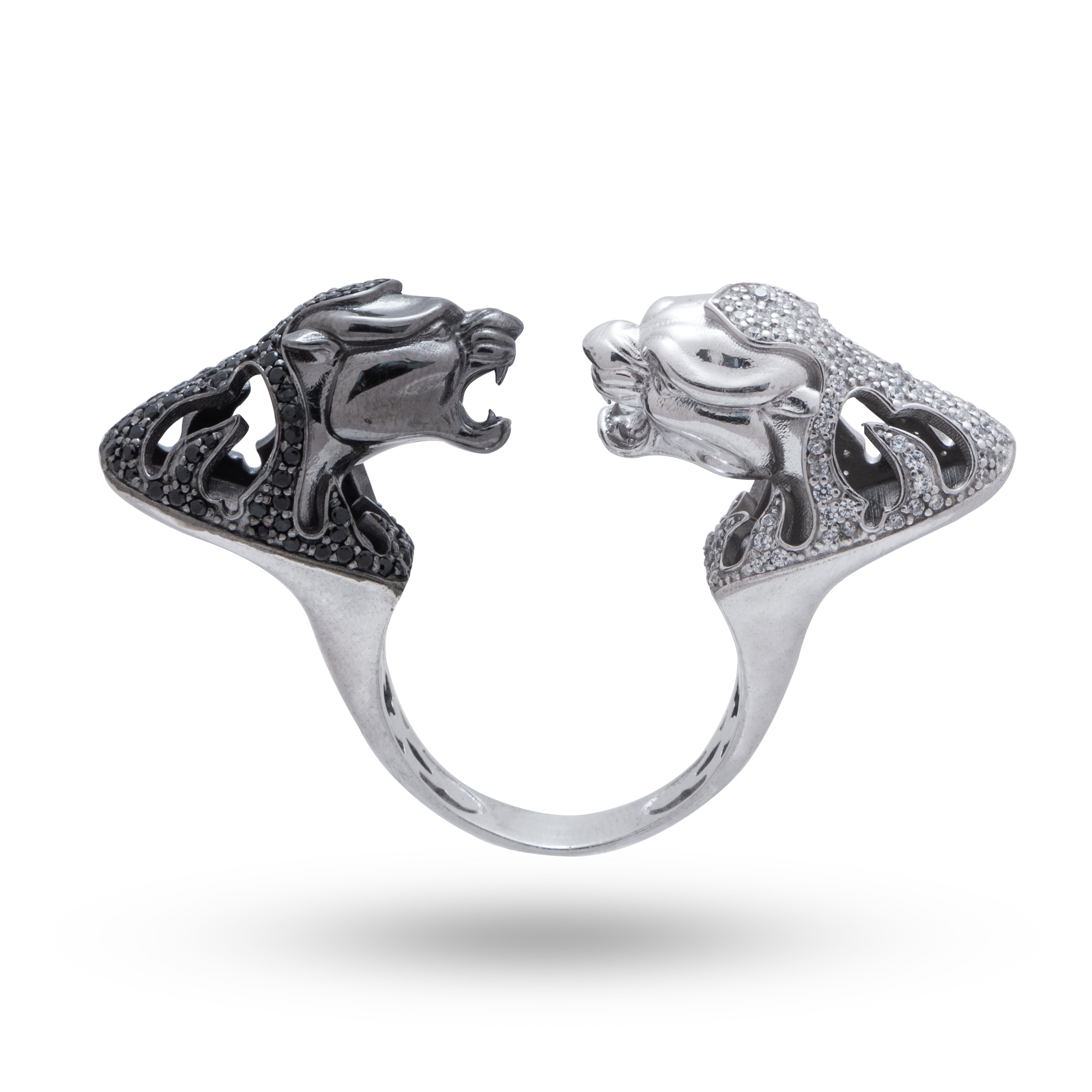 Elegant Black & White Panther 925 Sterling Silver Ring with CZ stones and a two-tone design viewed from an angle