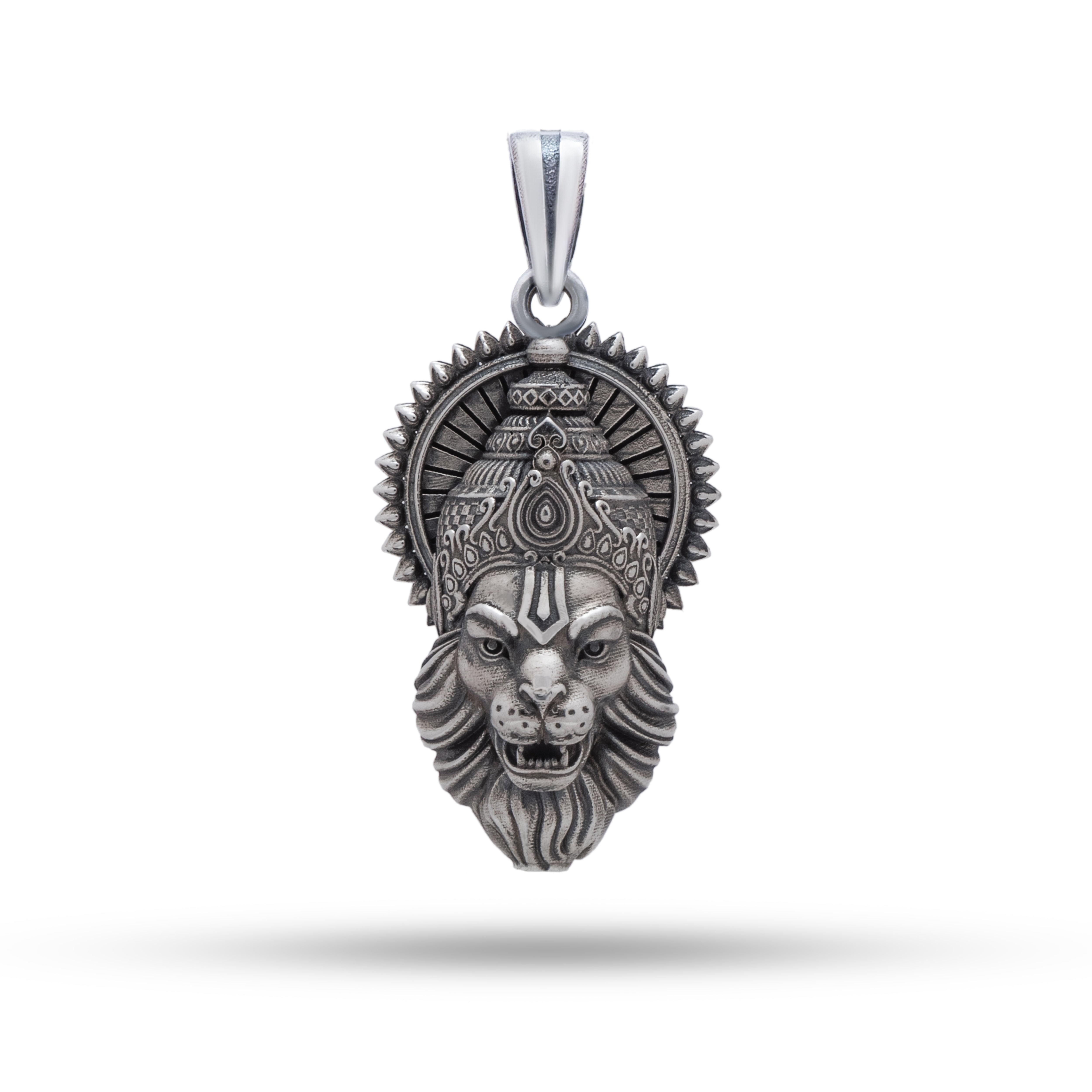 Front view of the Narsimha 925 Sterling Silver Pendant with oxidized finish.