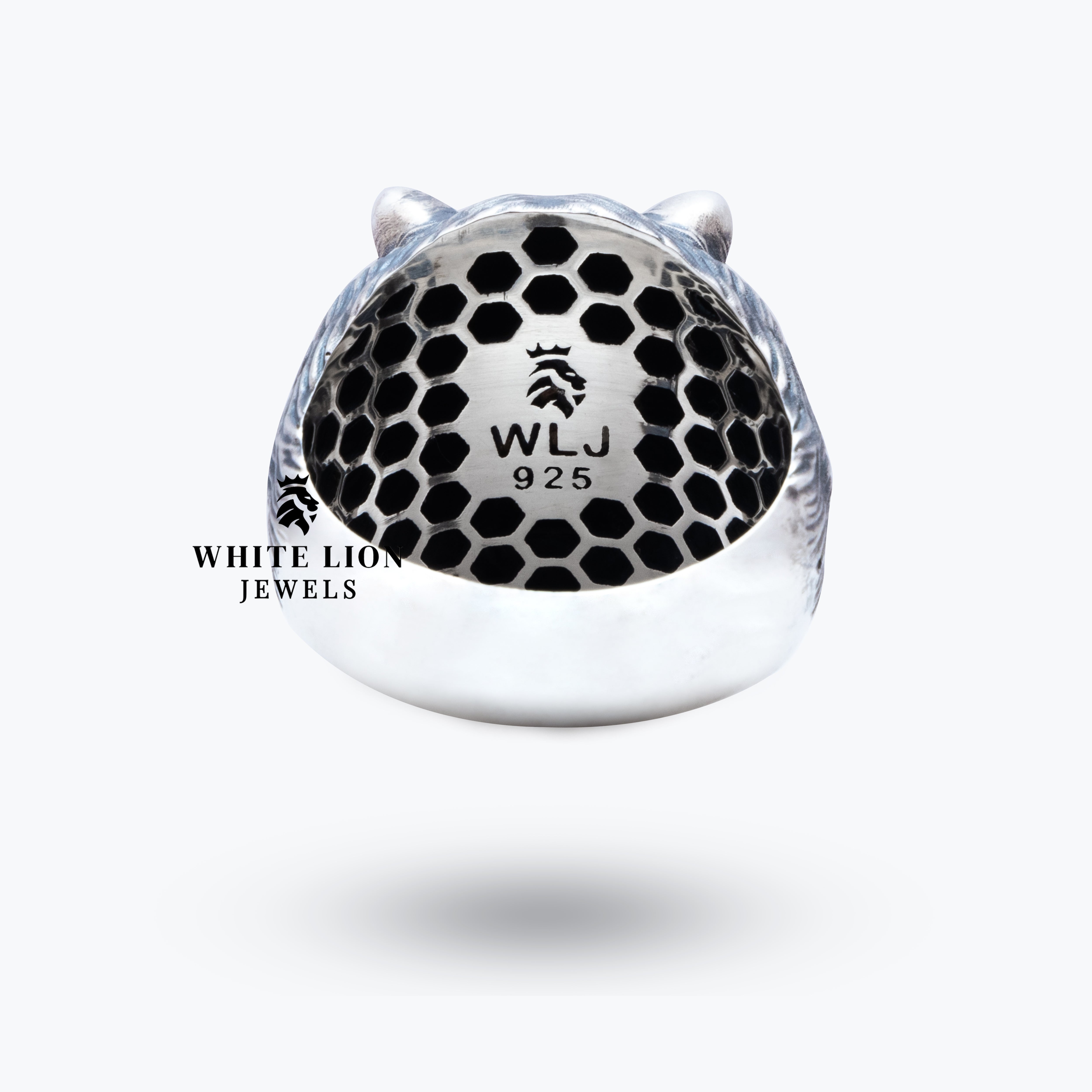 Front view of Bear Animal 925 Sterling Silver Ring with oxidized bear head design