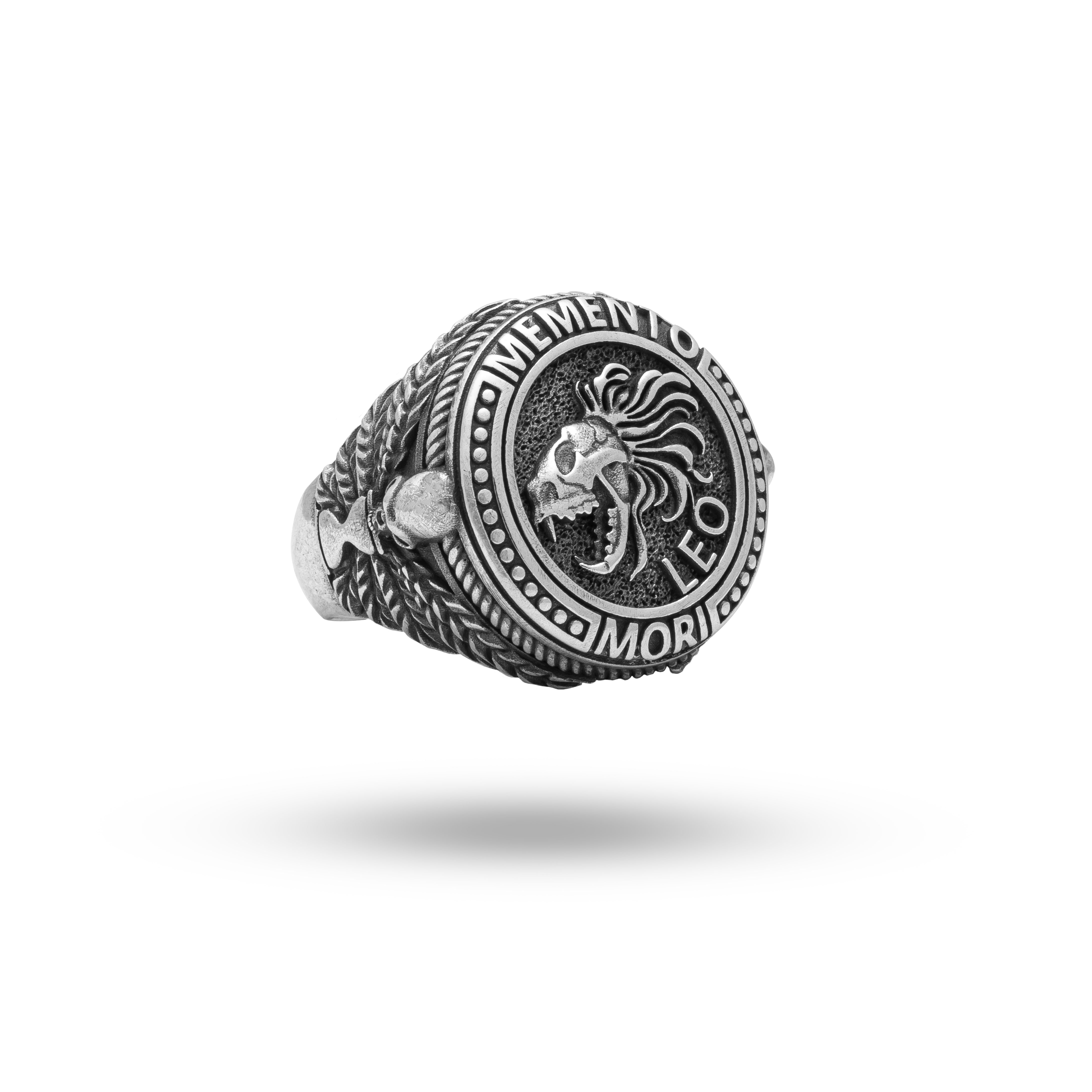 Front view of Memento Mori Skull Zodiac Lion Leo 925 Sterling Silver Ring with intricate lion design, elegant and bold.