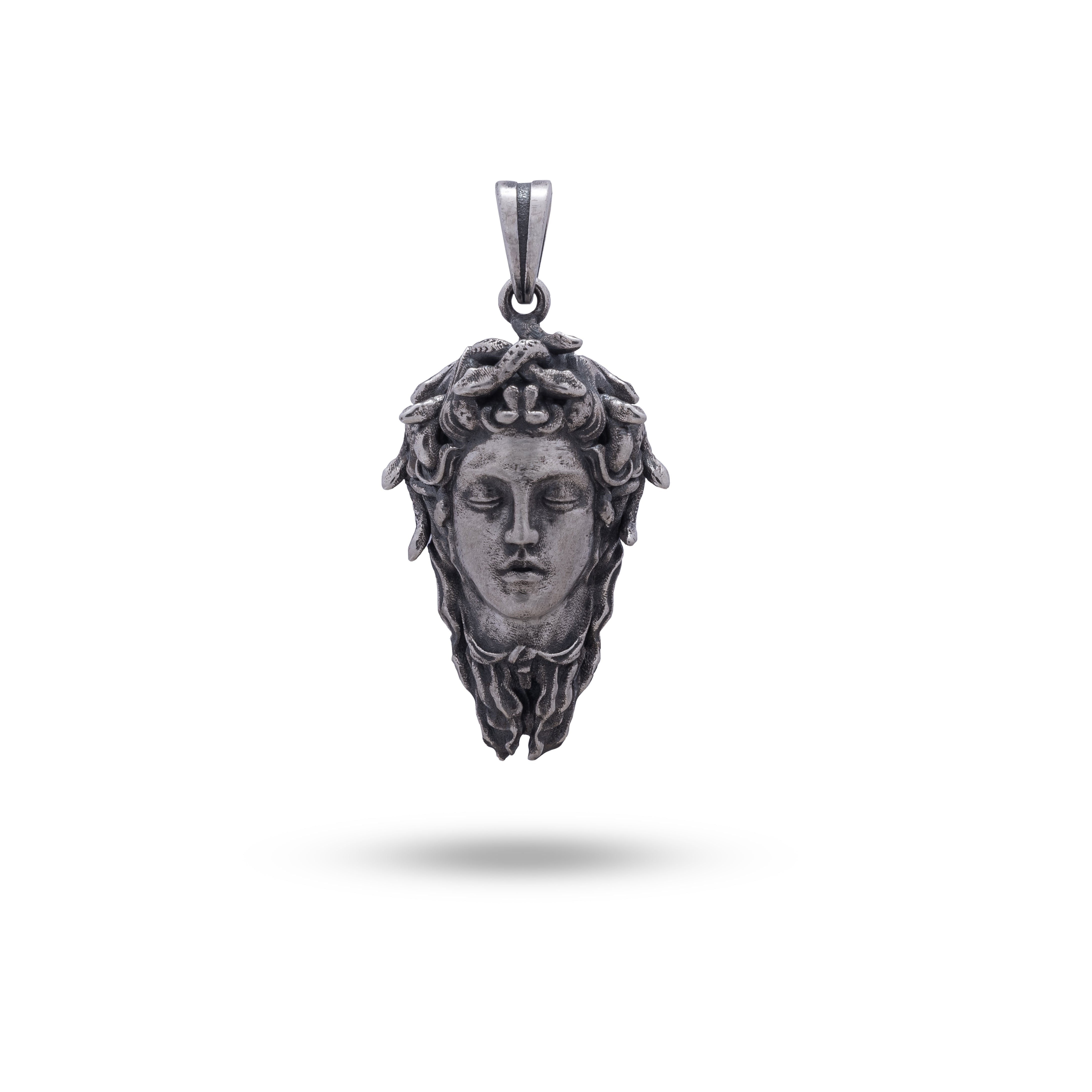 Front view of Greek Medusa Gorgon Goddess 925 Sterling Silver Pendant with intricate mythological design.