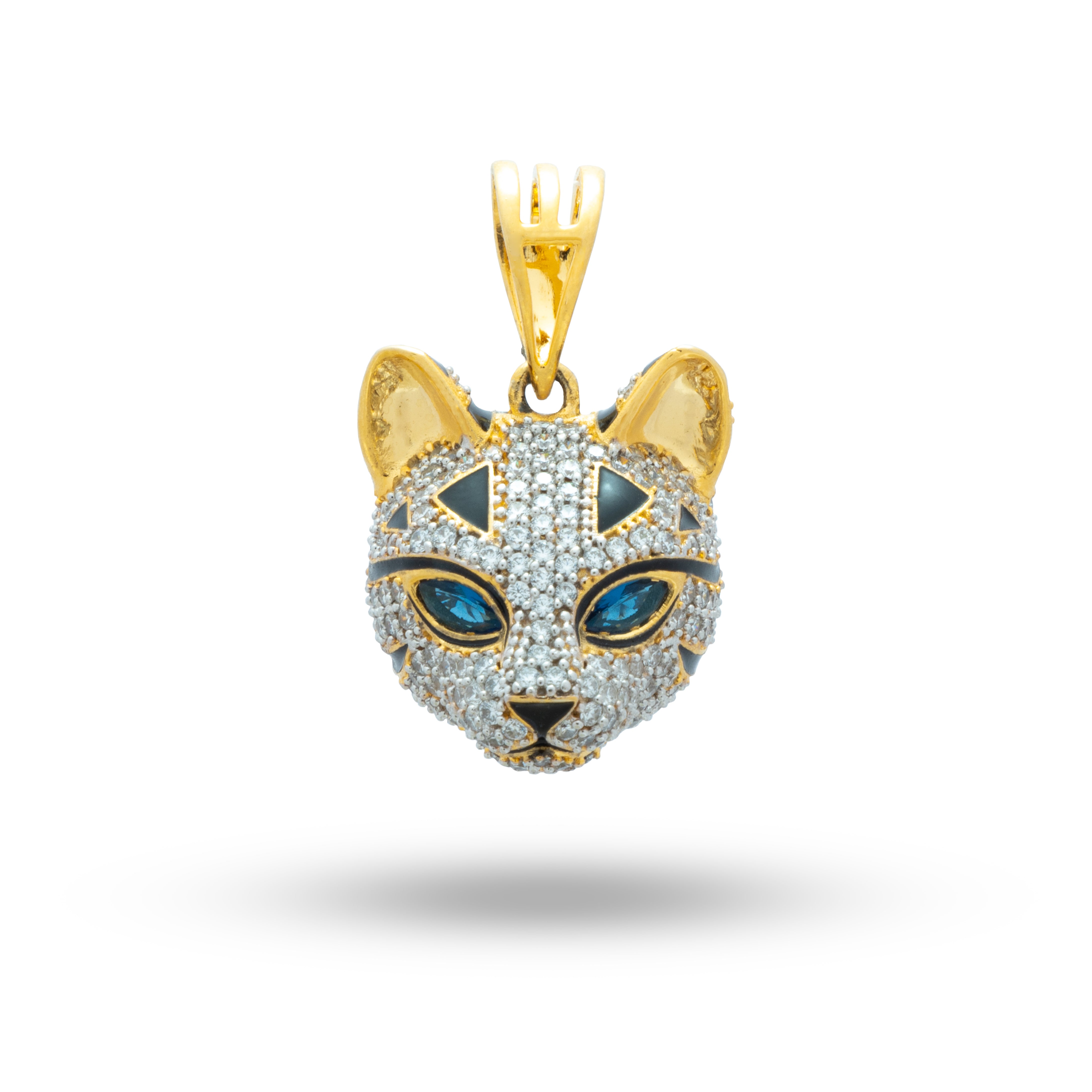 Cat Face Cubic Zirconia 925 Sterling Silver Gold Plated Pendant with Blue Eyes on a display