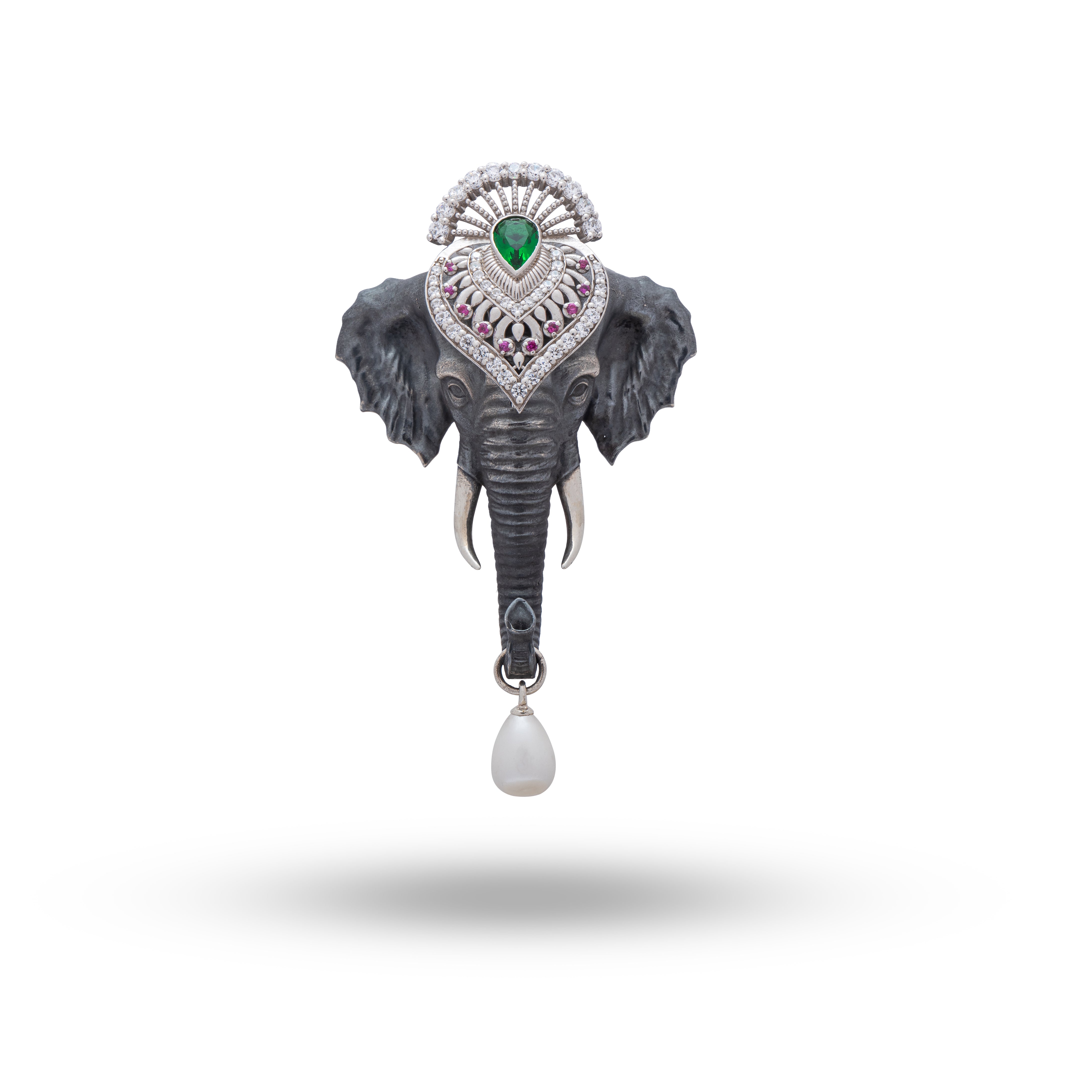 Front view of Royal Elephant Crown Brooch in Sterling Silver with Cubic Zirconia and Pearl.