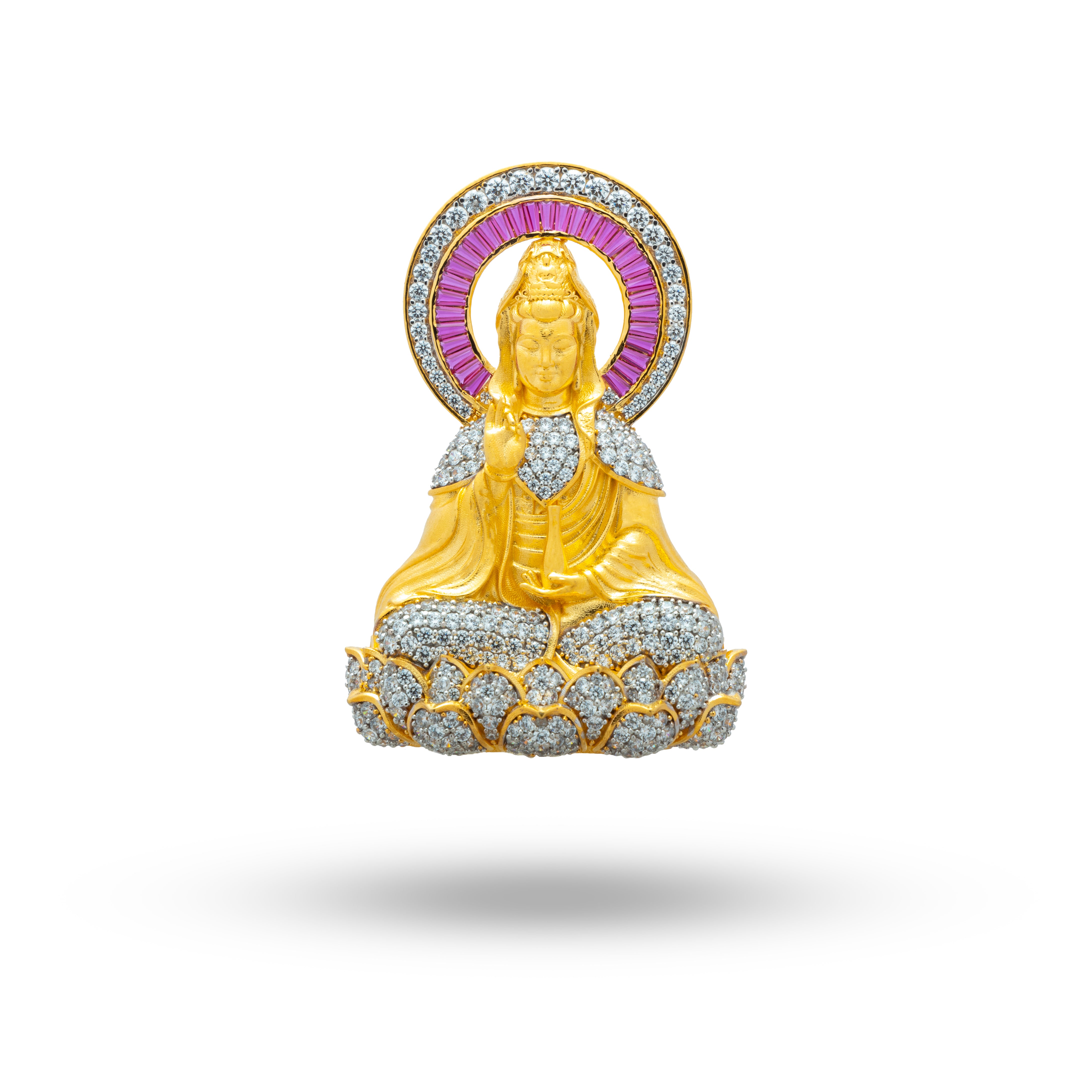 Buddha Cubic Zirconia 925 Sterling Silver Gold Plated Brooch Pin Front View