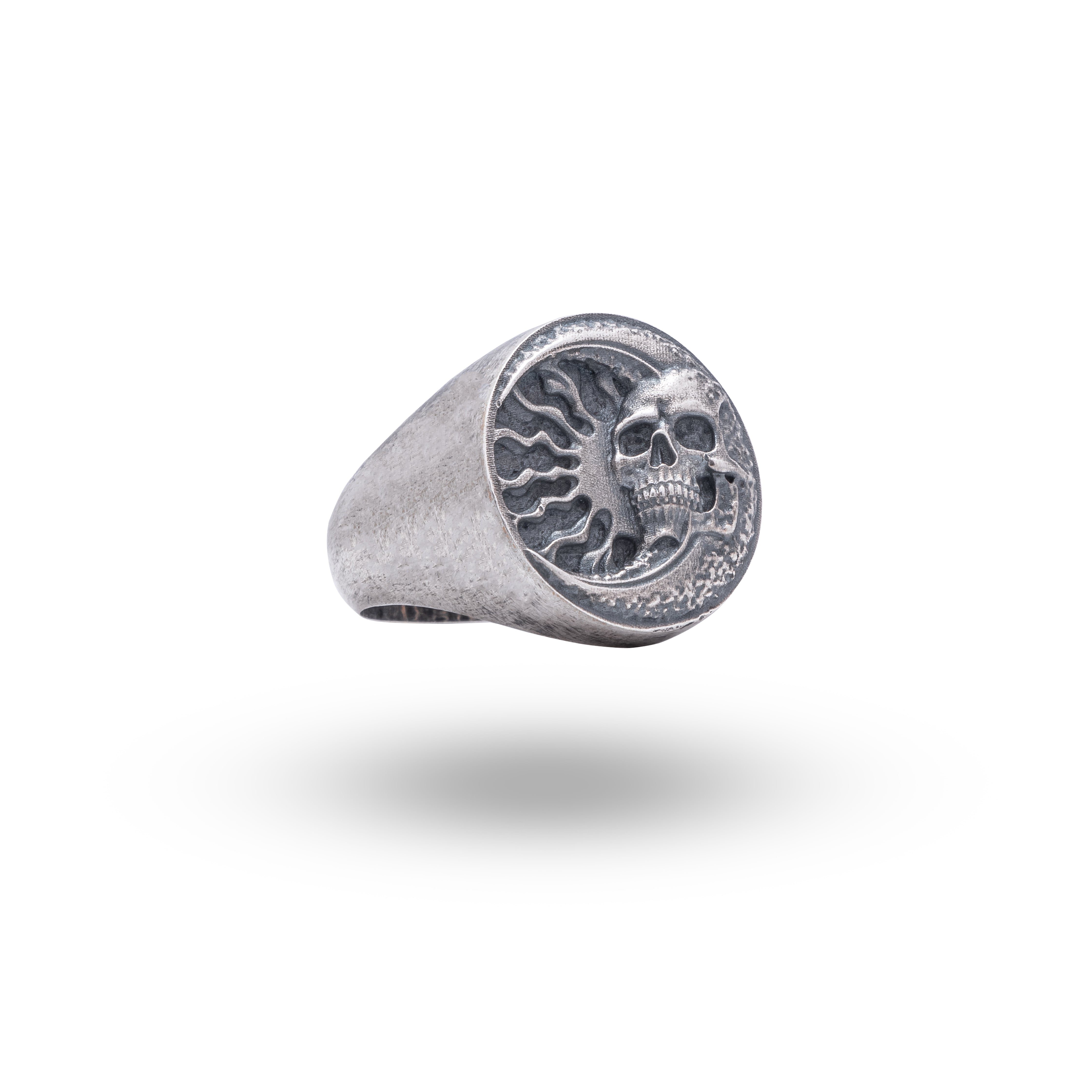 Side view of Sun Half Moon Skull 925 Sterling Silver Ring, featuring celestial and skull motifs in oxidized silver