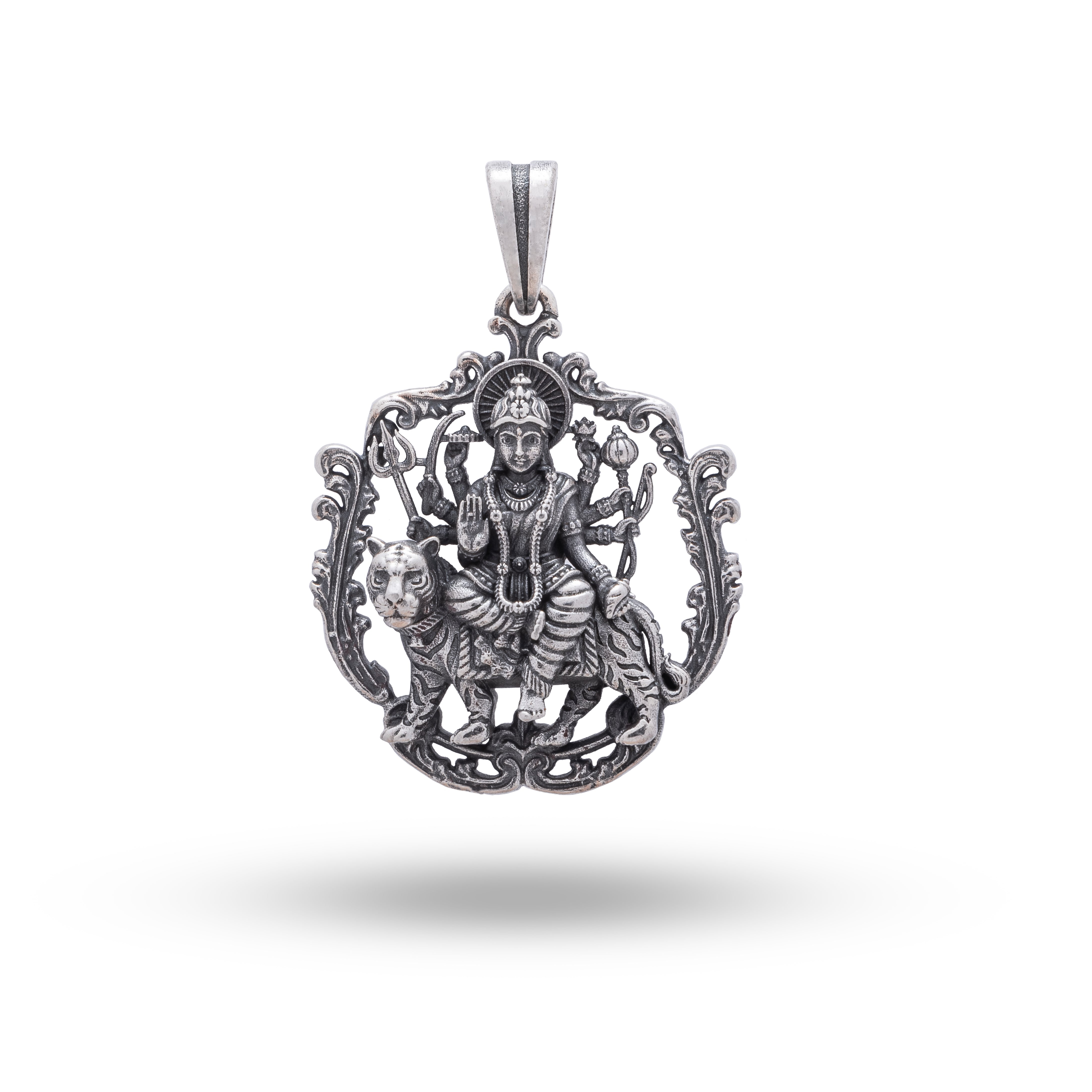 Front view of Ambe Ambika Mahadevi Goddess 925 Sterling Silver Pendant, showcasing intricate details and oxidized finish by White Lion Jewels.
