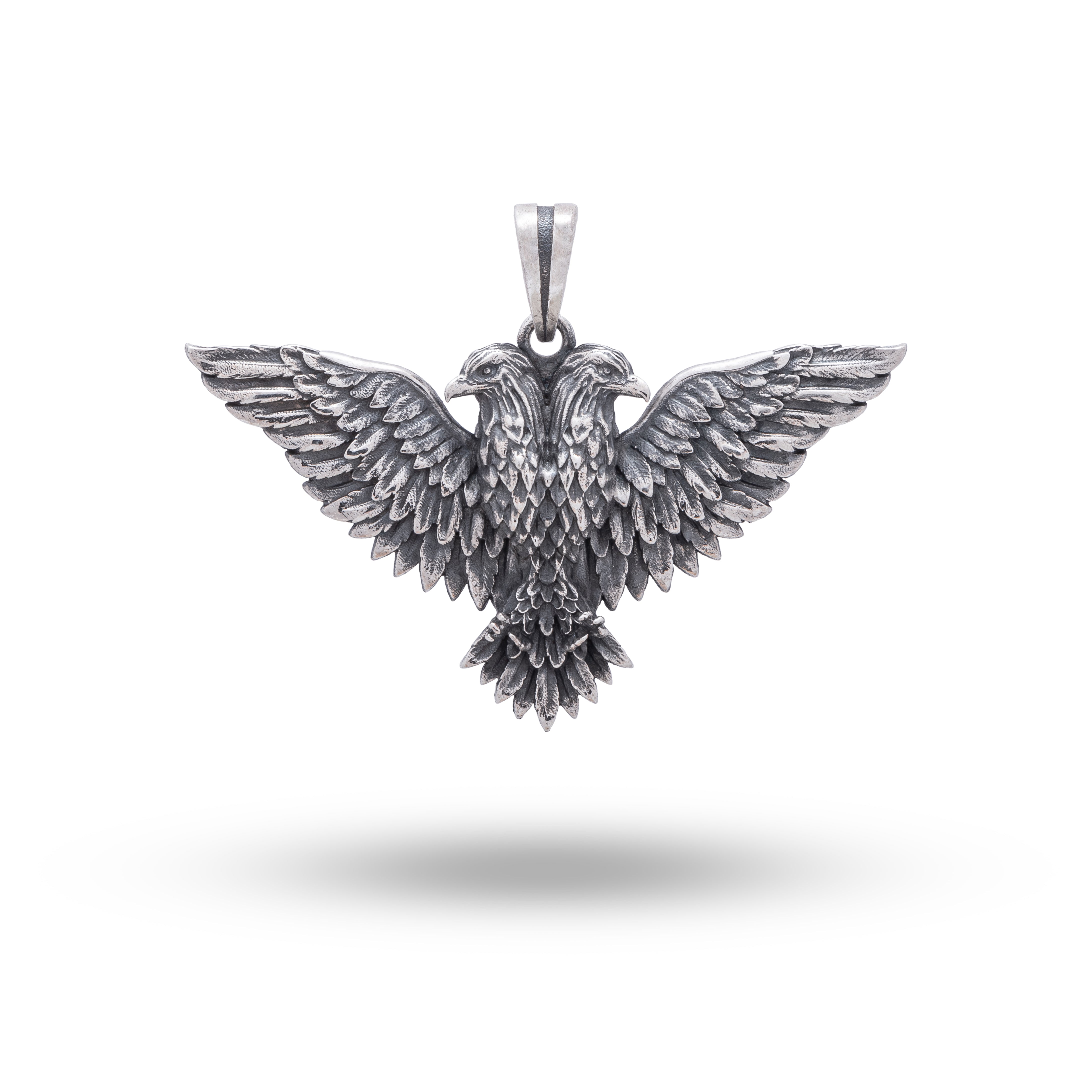 Front view of Two Headed Eagle Bird 925 Sterling Silver Pendant showcasing intricate design in oxidized silver