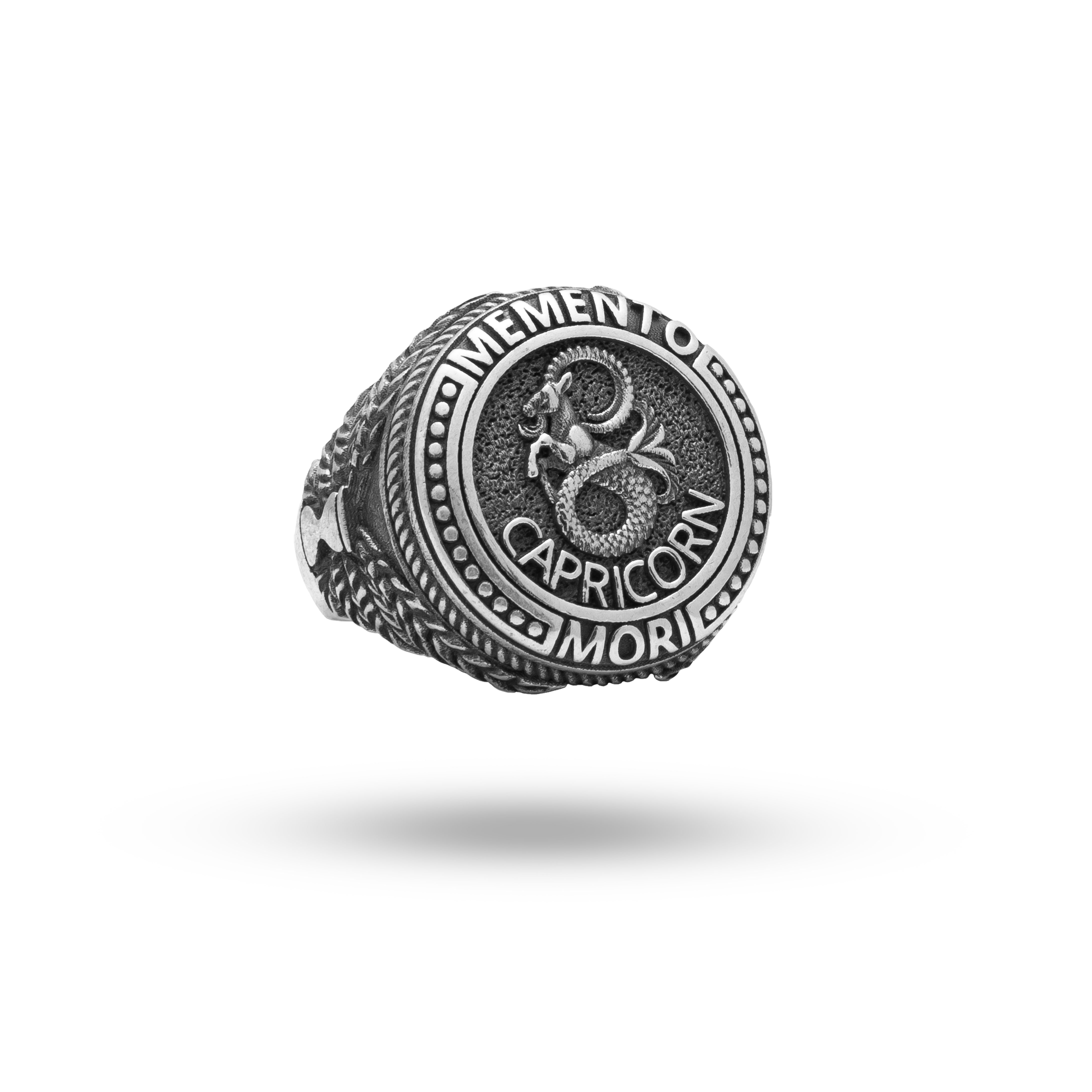 Front view of Memento Mori Goat Capricorn Zodiac Sign 925 Silver Ring showcasing intricate details and oxidized finish