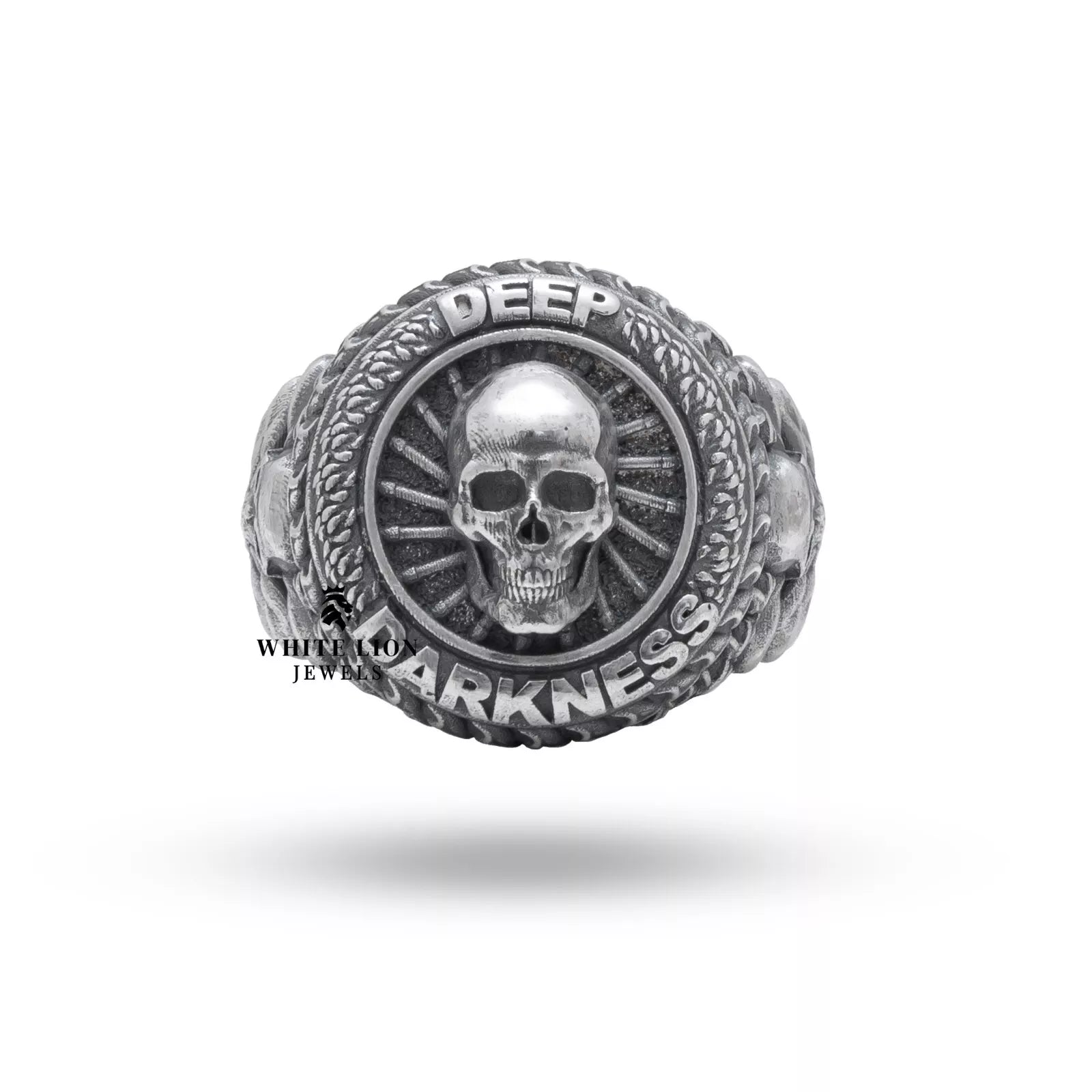Front view of Deep Darkness 925 Sterling Silver Ring with oxidized silver finish and round design