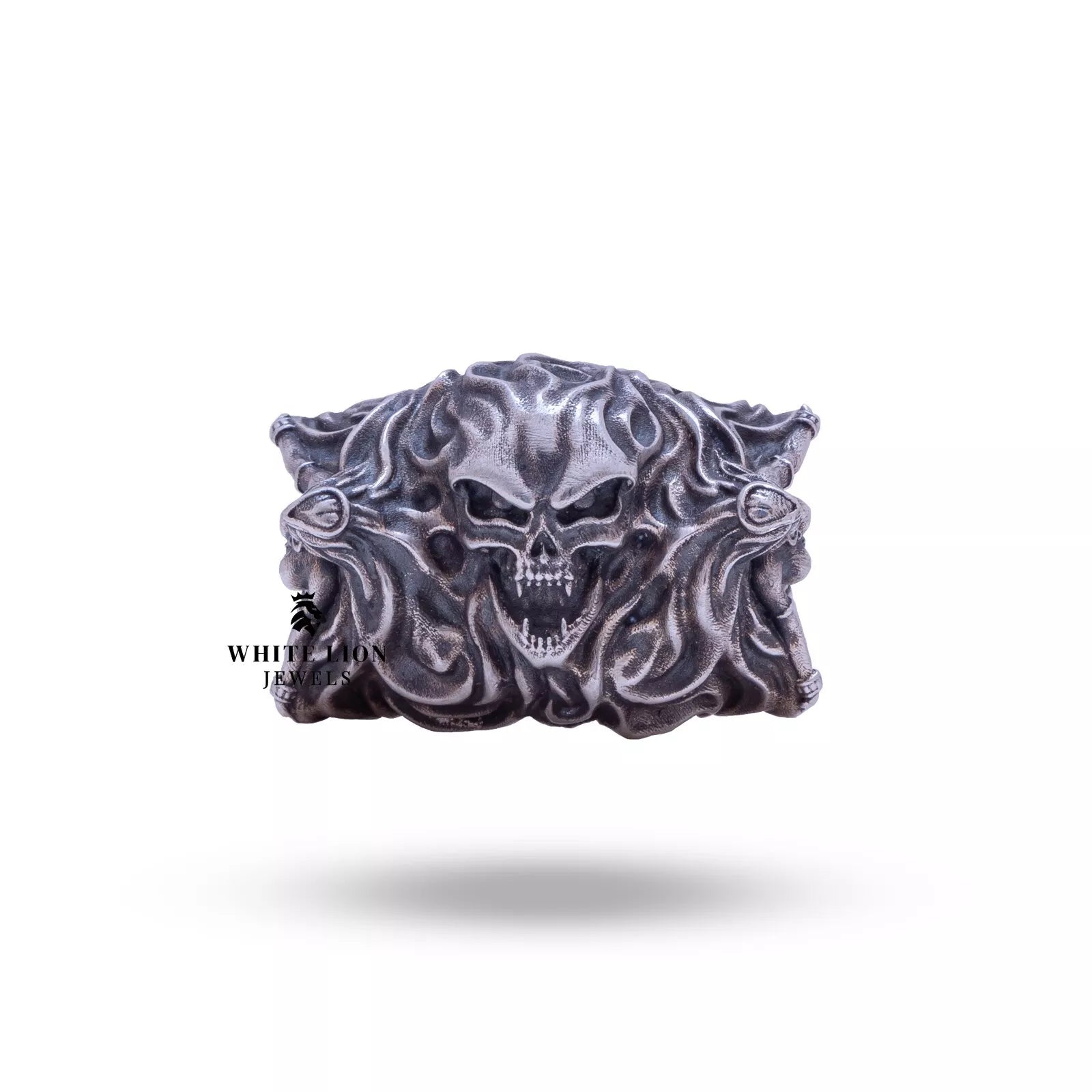 Sterling silver ring with an oxidized finish and mystical design by White Lion Jewels