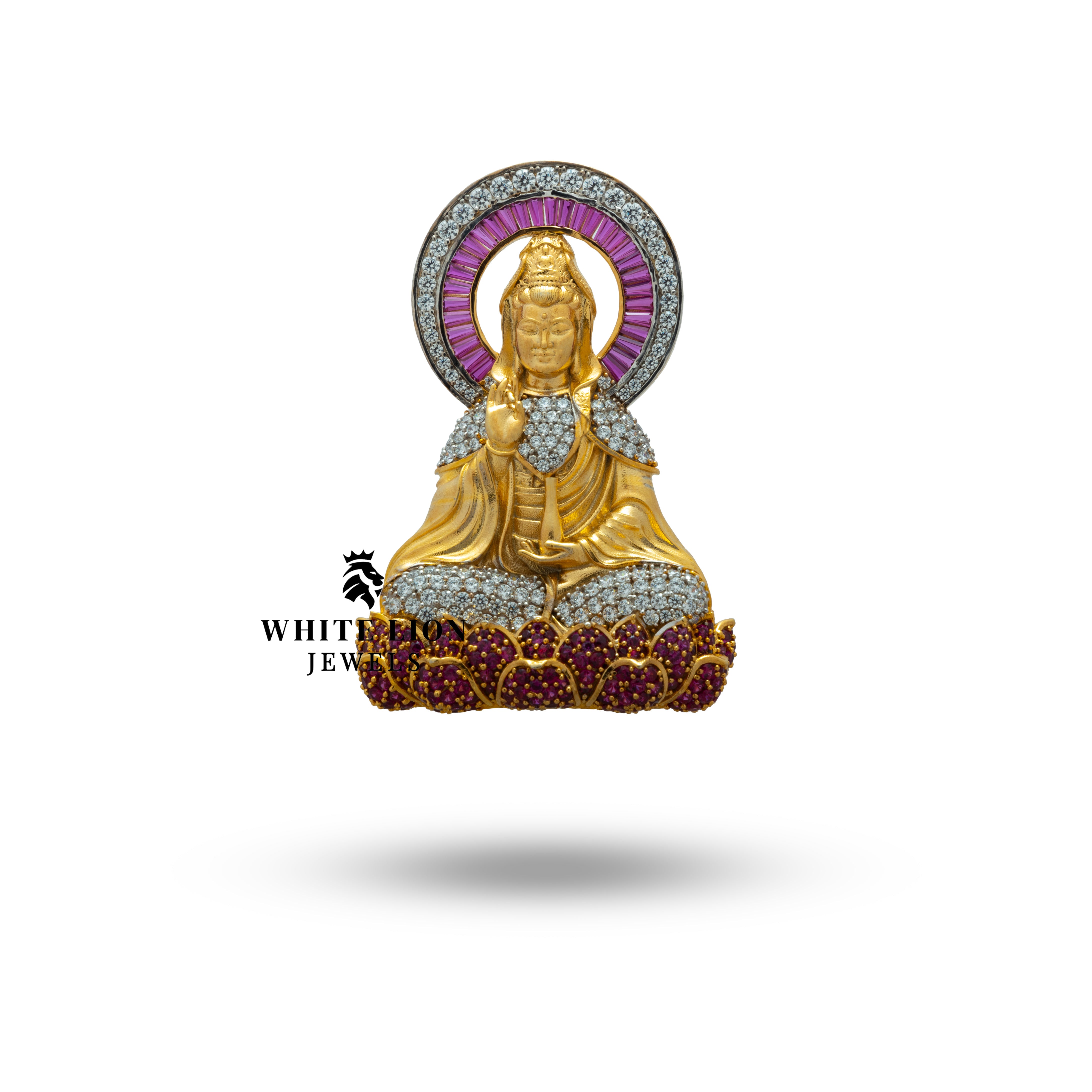 Buddha Cubic Zirconia 925 Sterling Silver Gold Plated Brooch Pin