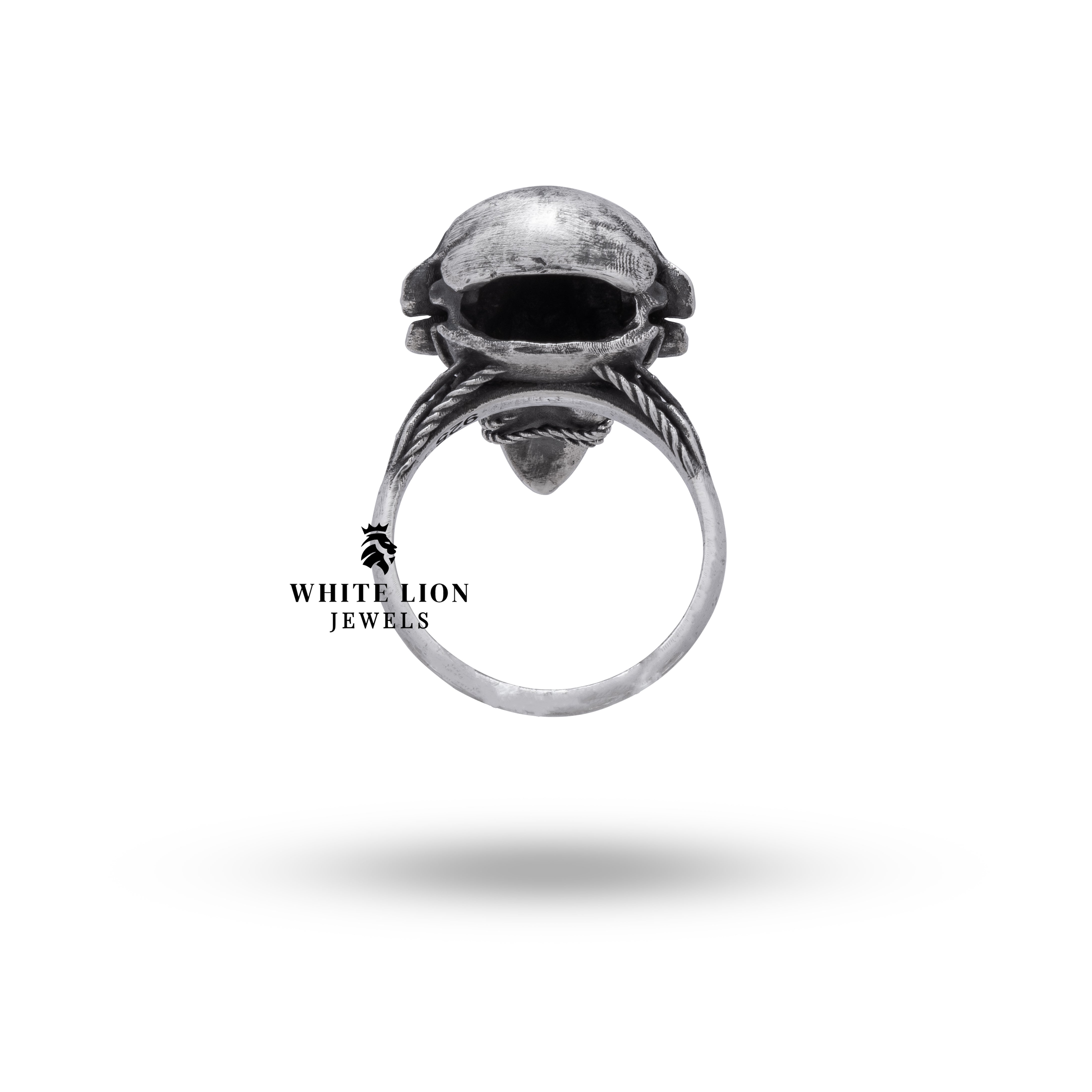 925 sterling silver Bird Gothic Skull ring with elaborate flower design in oxidized finish, suitable as a gothic fashion statement.