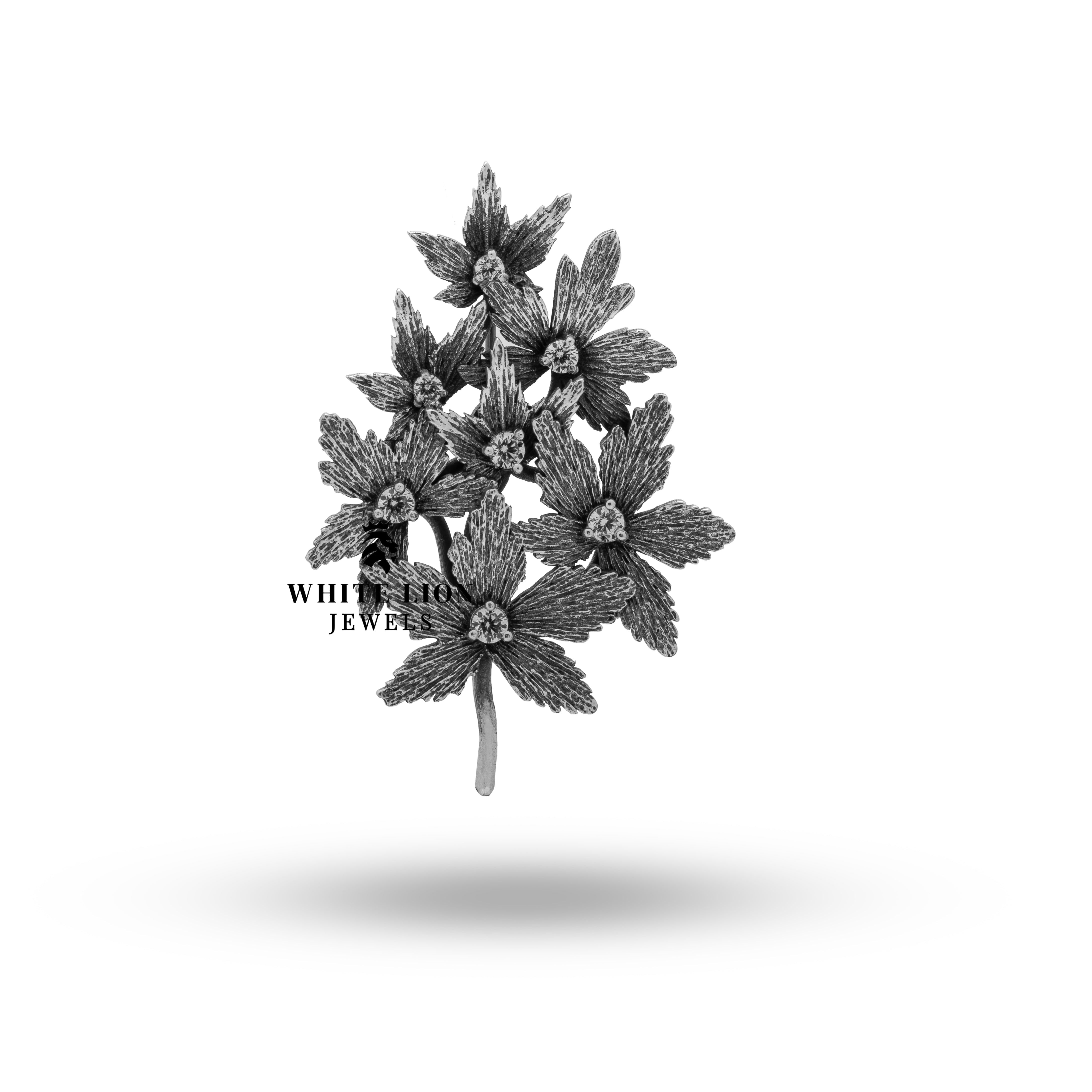 925 Sterling Silver brooch with Cubic Zirconia in maple leaves design for saree or hair adornment
