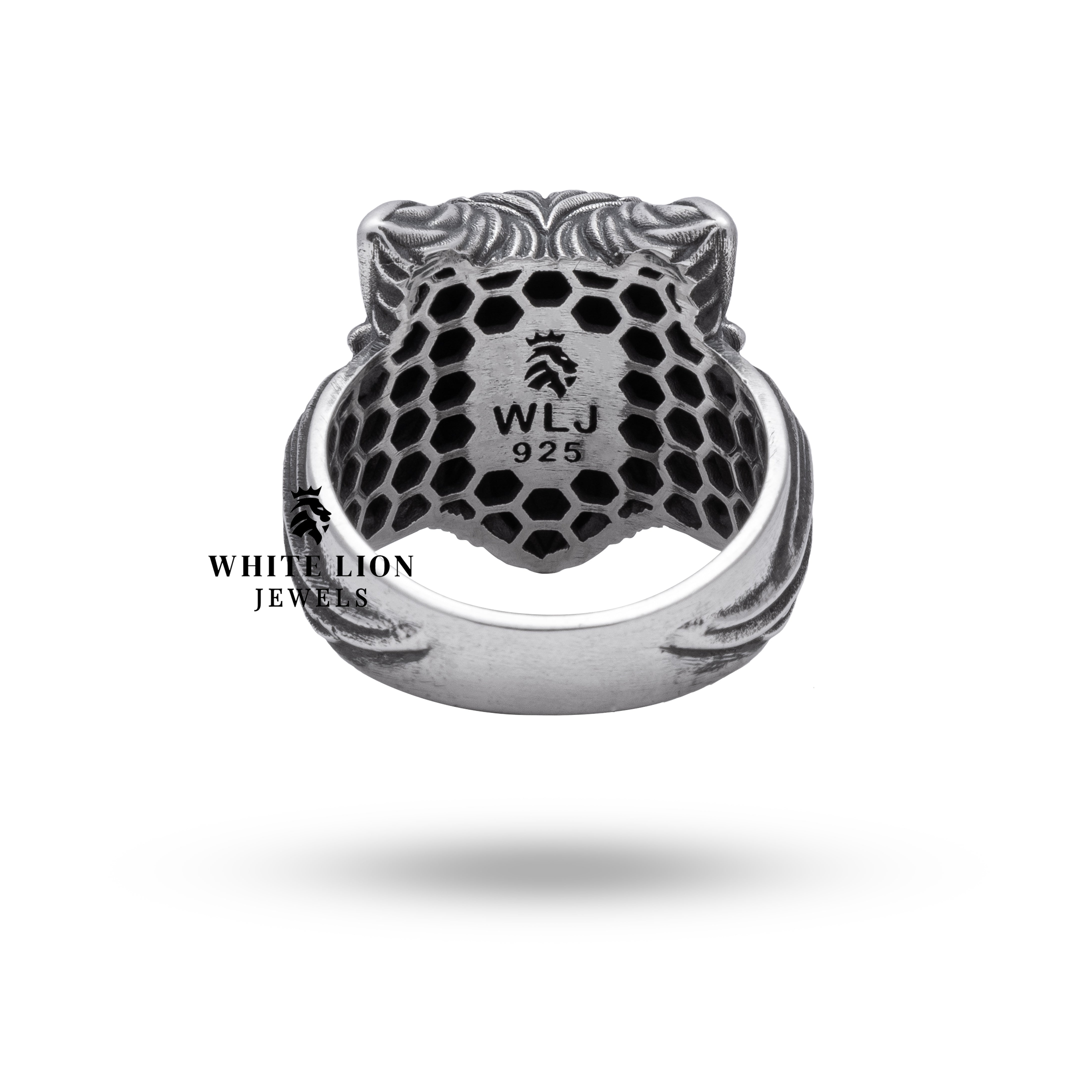 Front view of Angry Wolf Head 925 Sterling Silver Ring with oxidized finish.