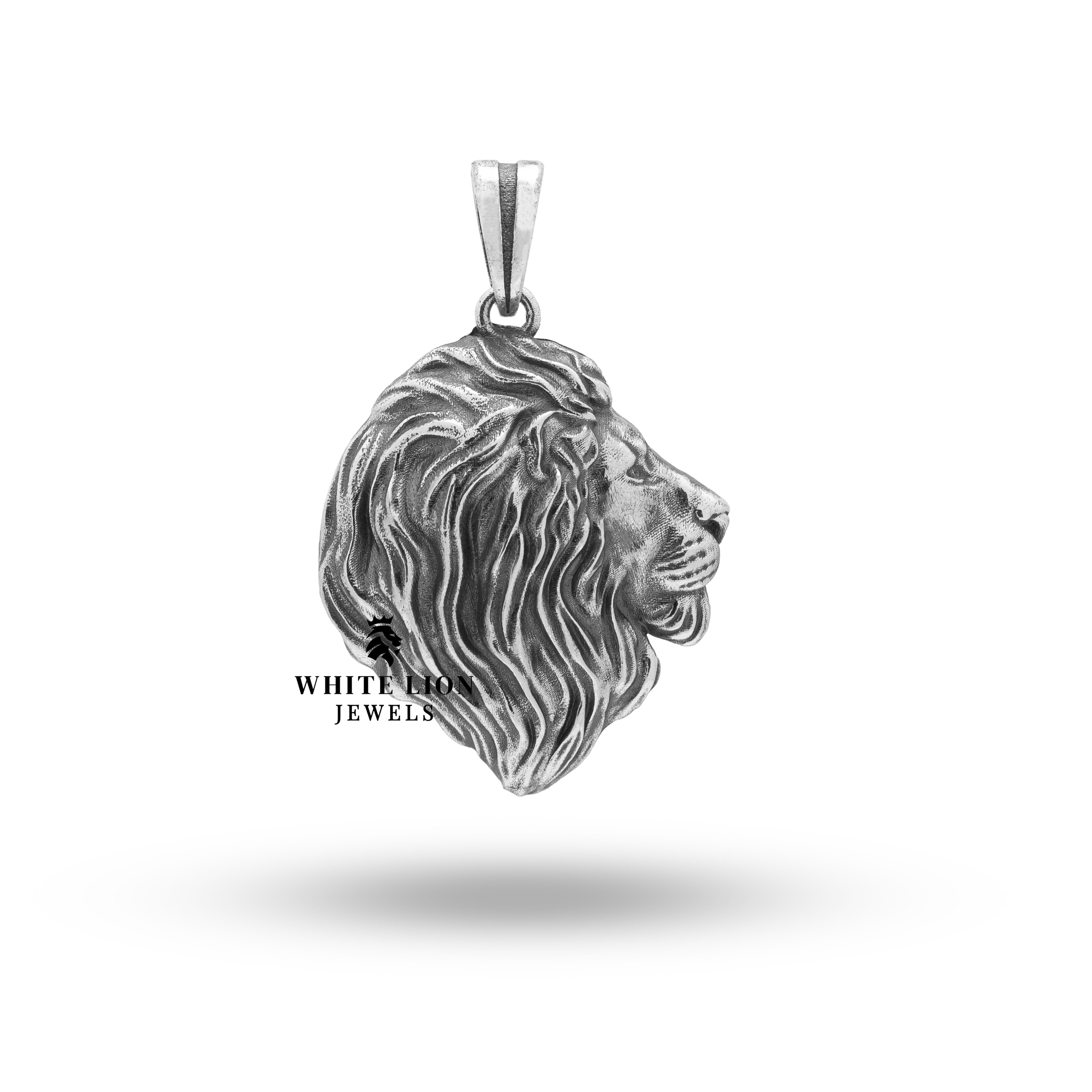 Front view of African Lion King Leo Cat Animal in 925 Sterling Silver with oxidized finish, showcasing a bold lion motif.