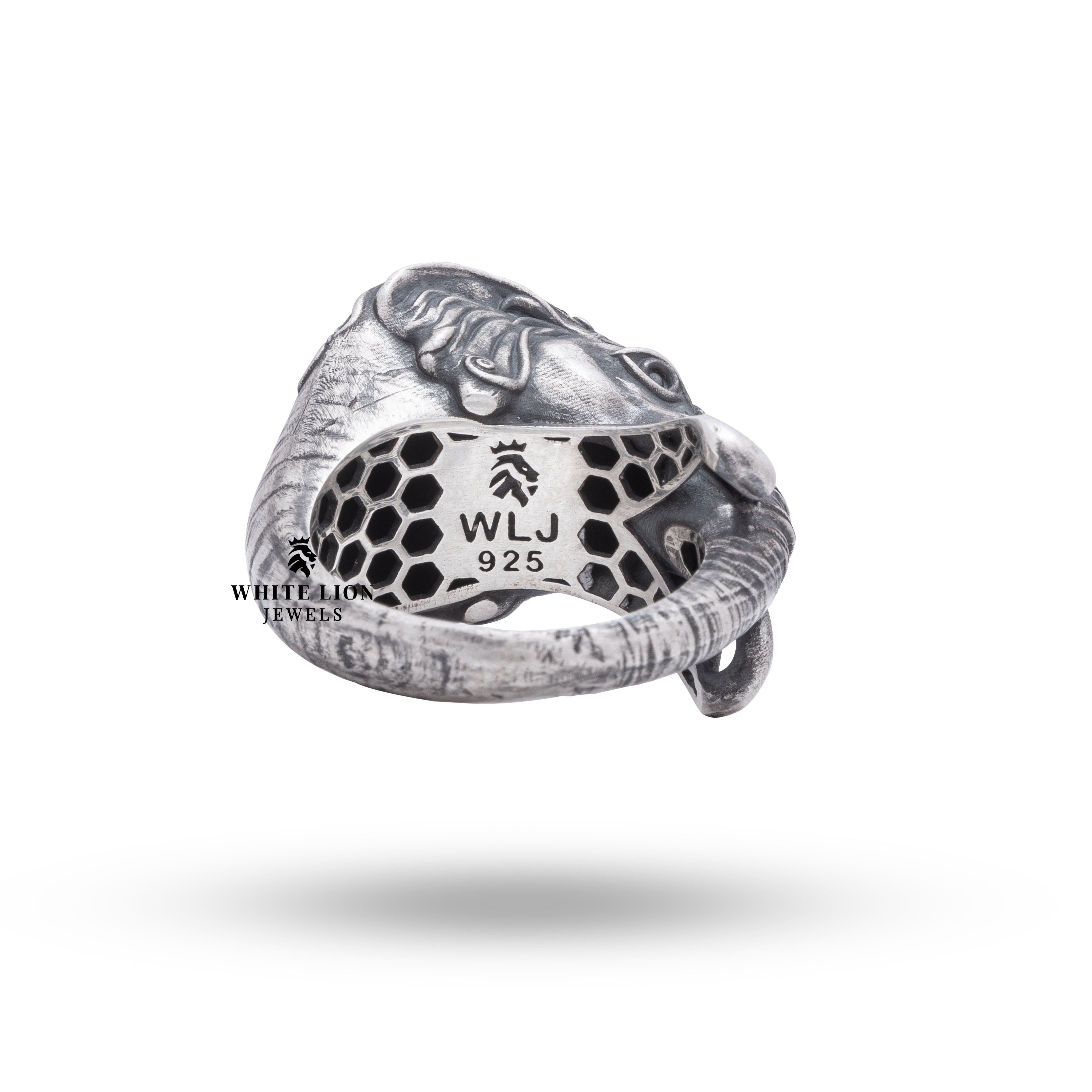 Side view of Giant Decorative Elephant Jungle Animal 925 Sterling Silver Ring showing intricate elephant head design and oxidized silver finish.