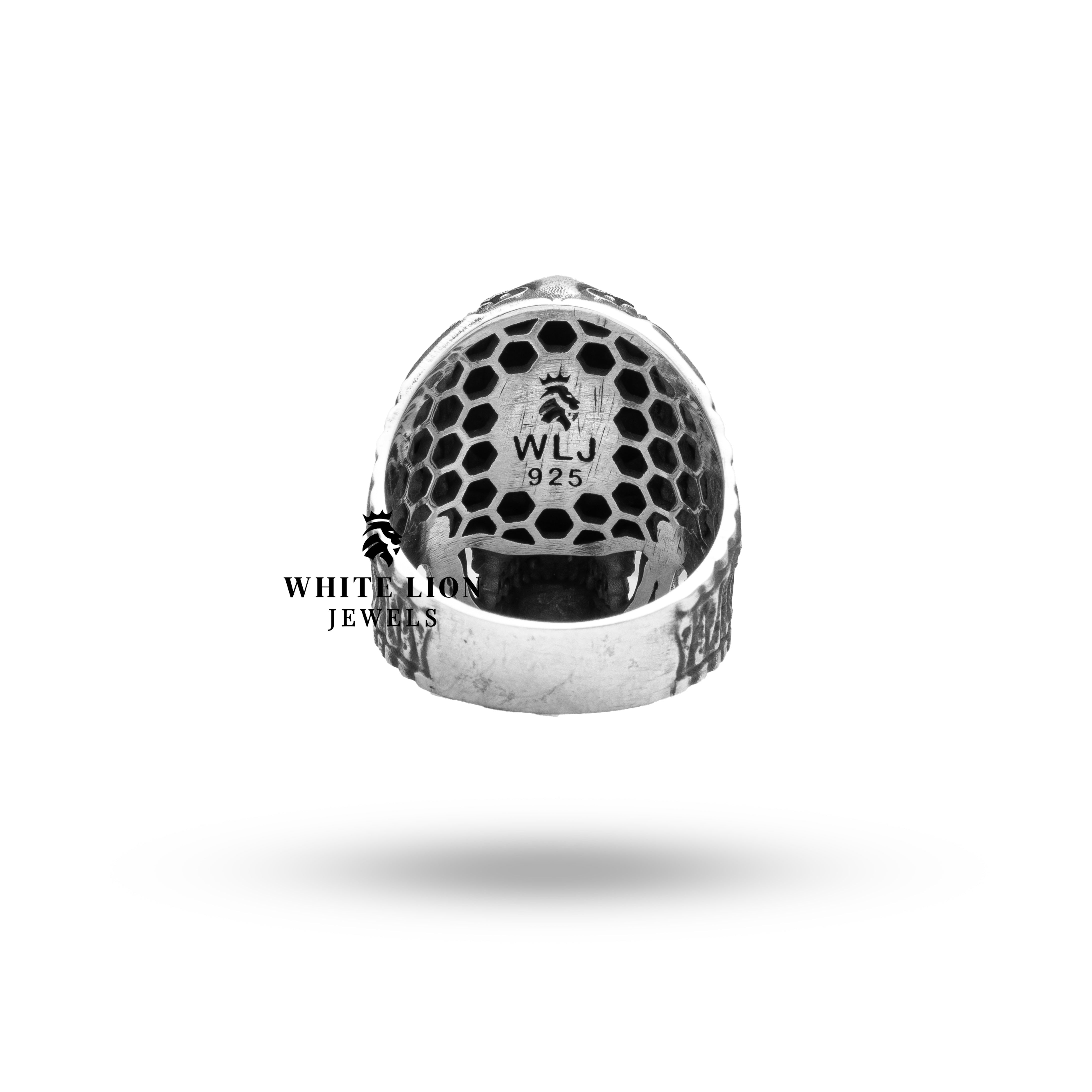 Front view of Biomechanical Gothic Skull of Love Heart 925 Sterling Silver Ring with oxidized finish