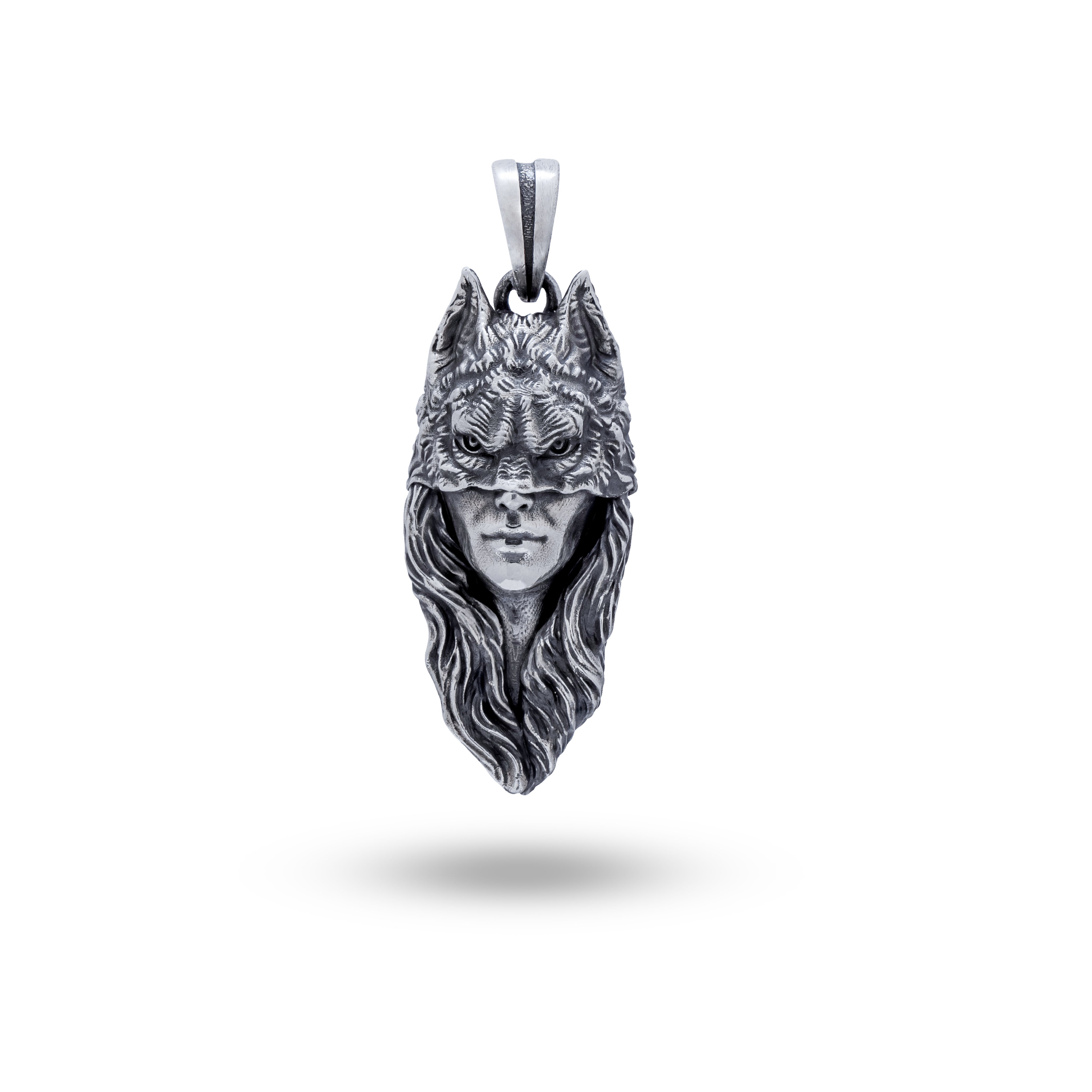 Main view of Wolf Women Mask 925 Sterling Silver Pendant in oxidized silver with intricate wolf design by White Lion Jewels