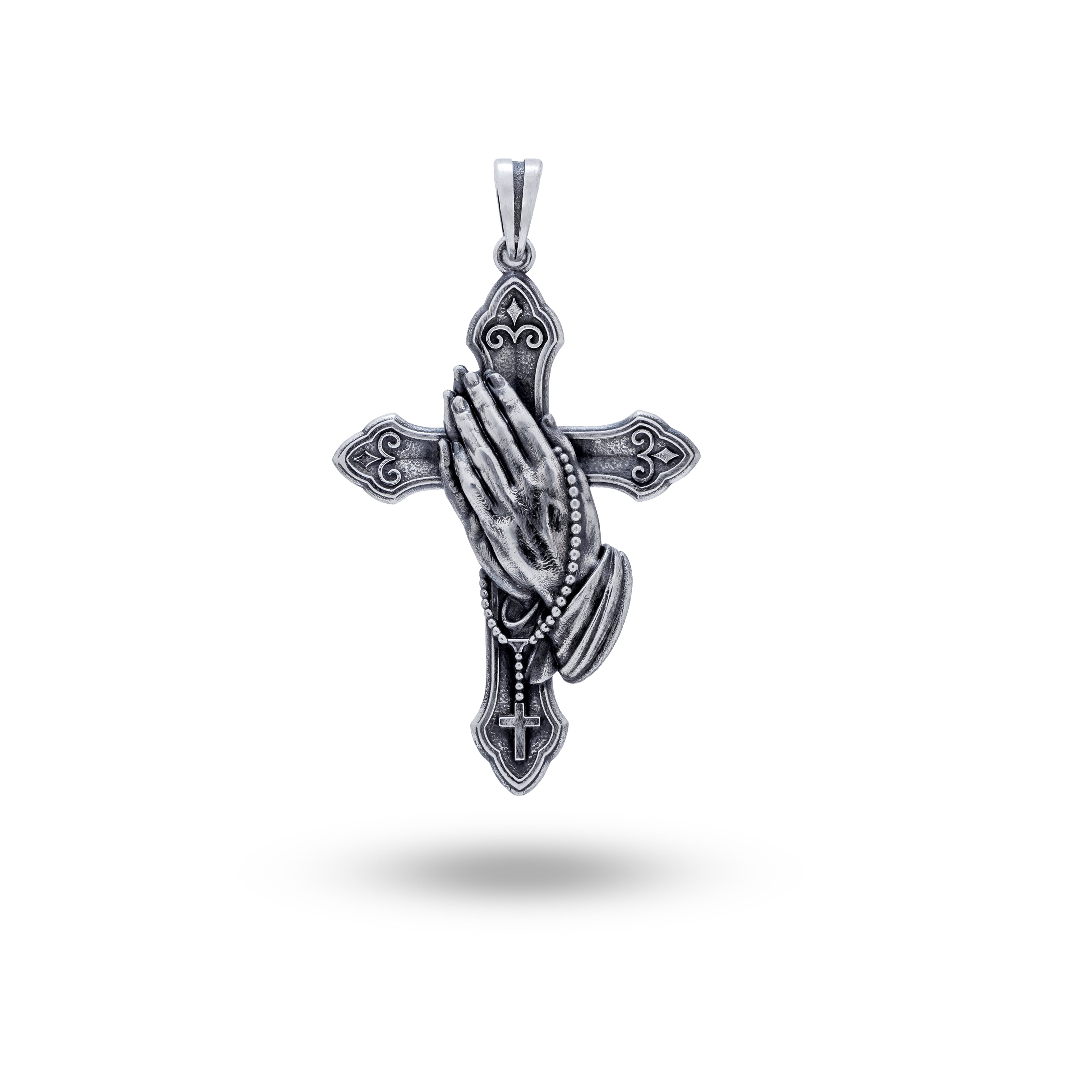 Front view of Praying Hands Cross 925 Sterling Silver Pendant showcasing intricate design, perfect for spiritual events.