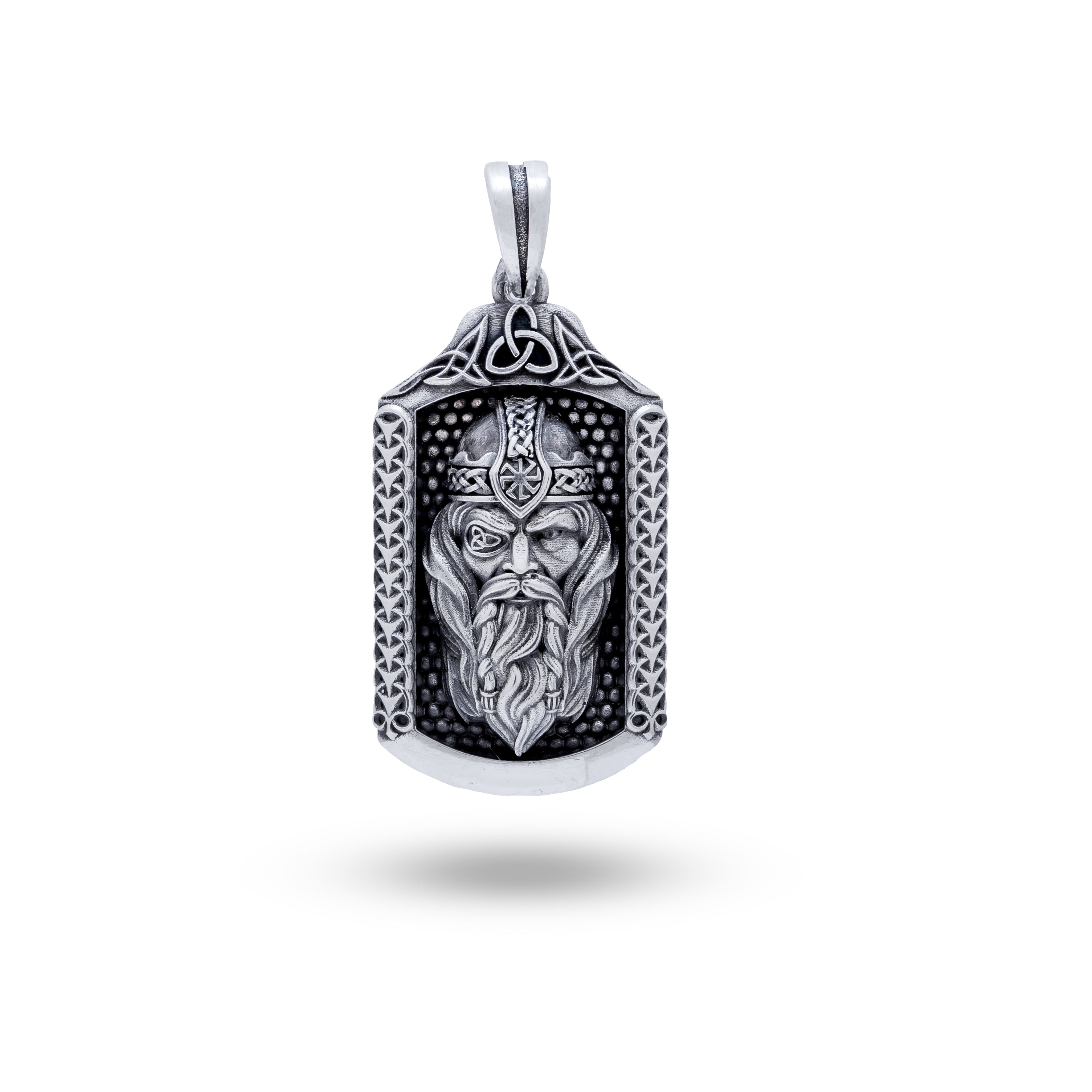Front view of Odin God Of Wisdom 925 Sterling Silver Pendant with intricate Norse design