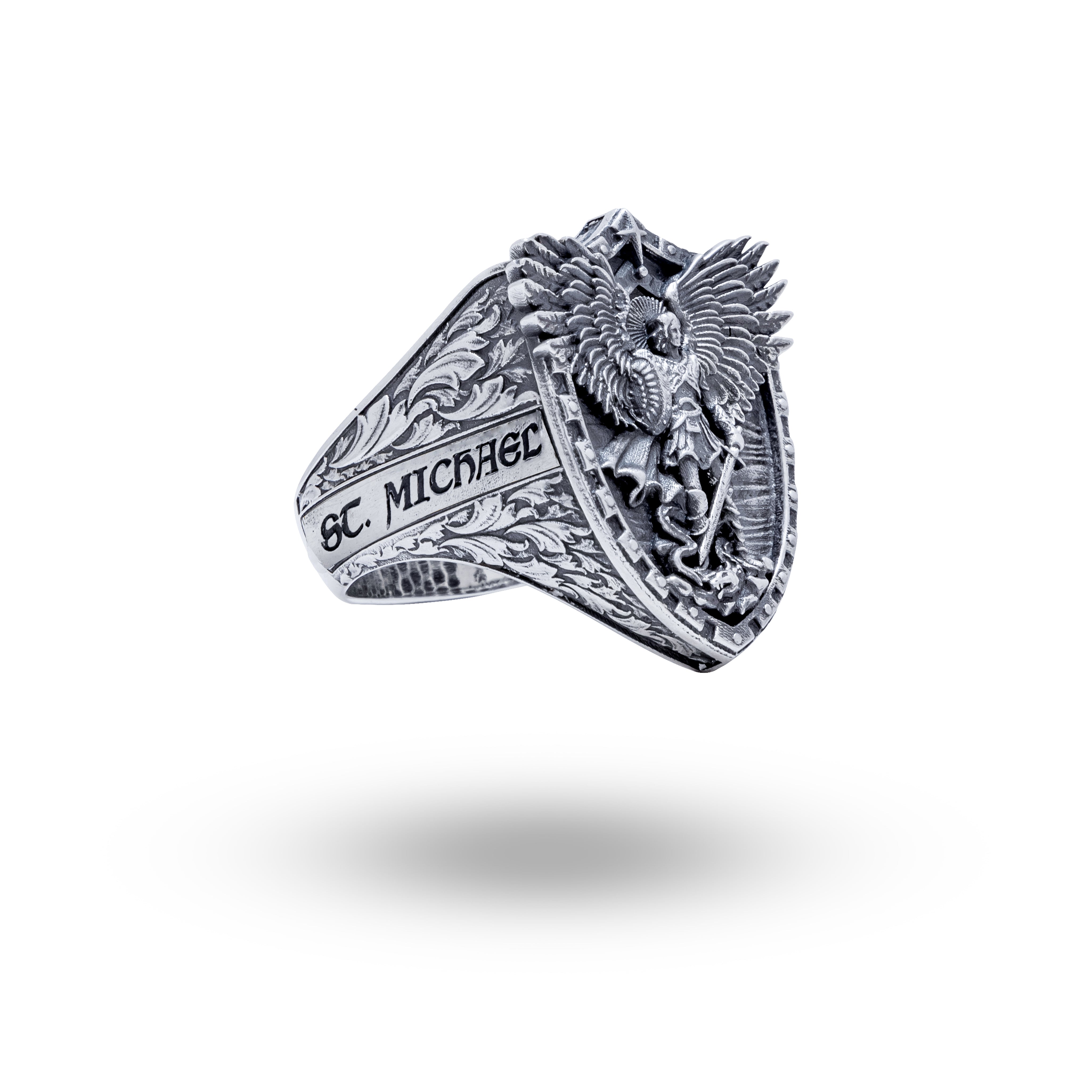 Front view of St Michael 925 Sterling Silver Ring, handcrafted in oxidized silver with a symbol of protection
