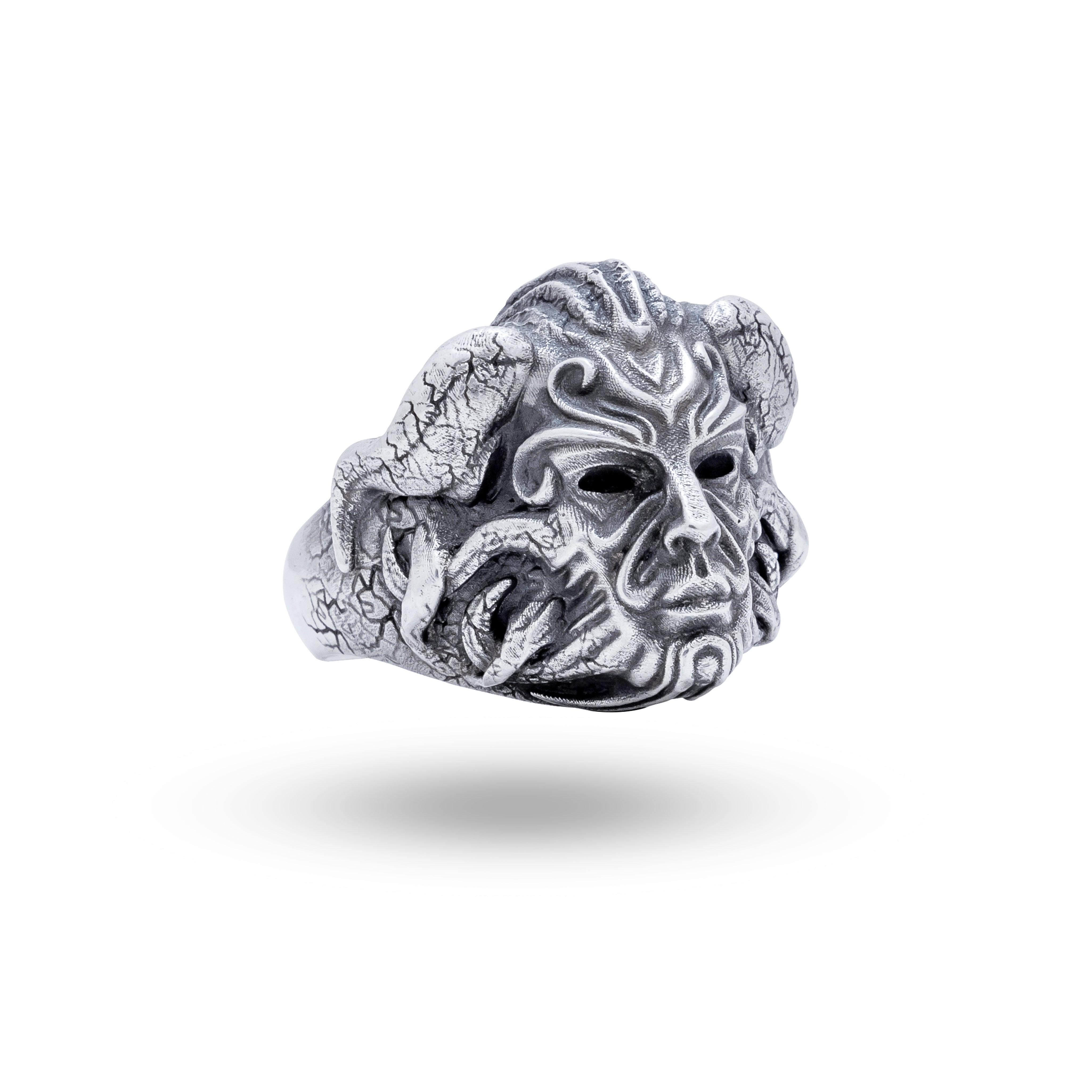 Side view of the Supernatural Cruel Demon 925 sterling silver ring, showcasing oxidized silver finish and intricate design.
