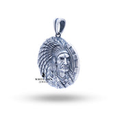 Close-up of the American Indian 925 Sterling Silver pendant showing detailed craftsmanship and silver luster.