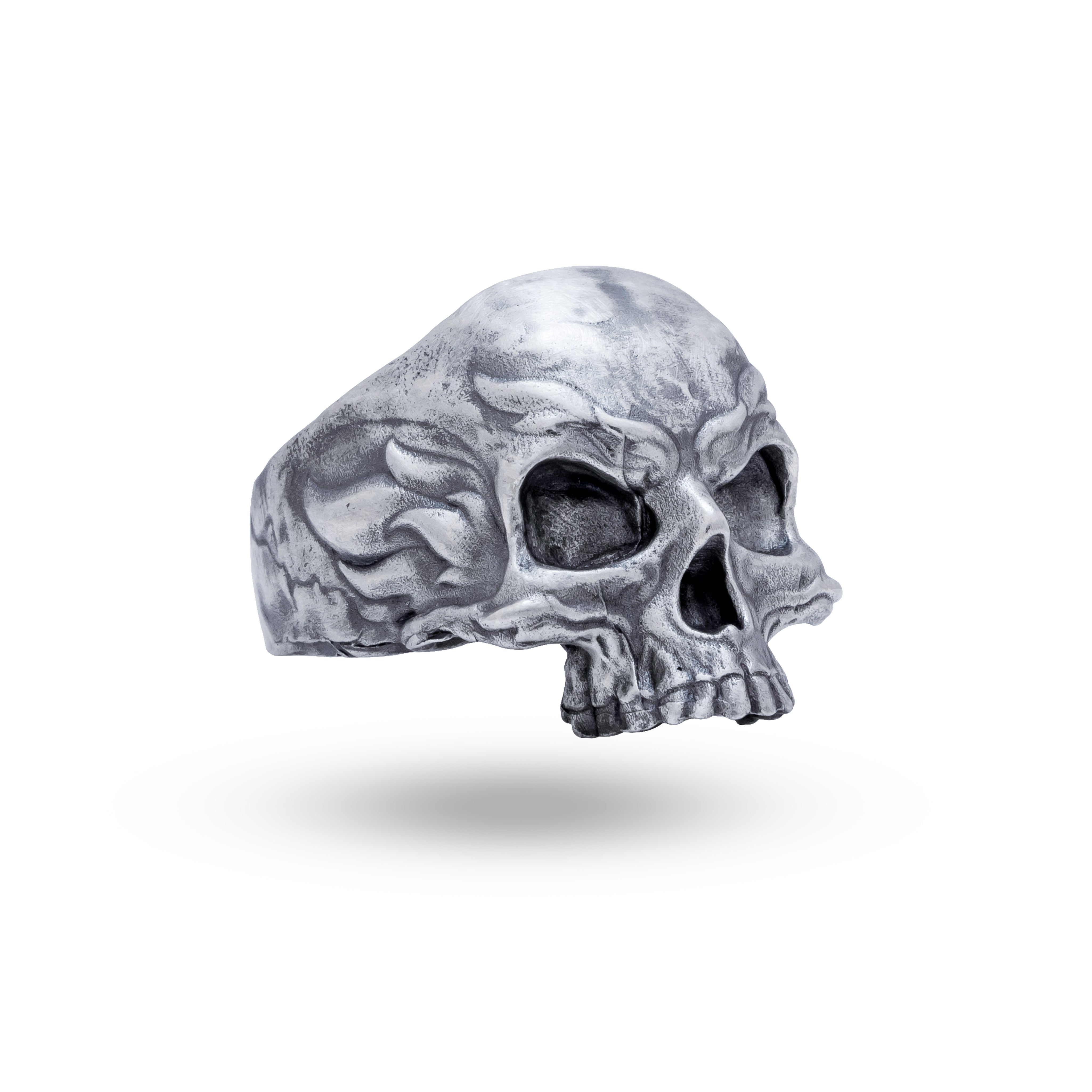 Sterling Silver ring featuring a Flames Skull design with oxidized finish, side view