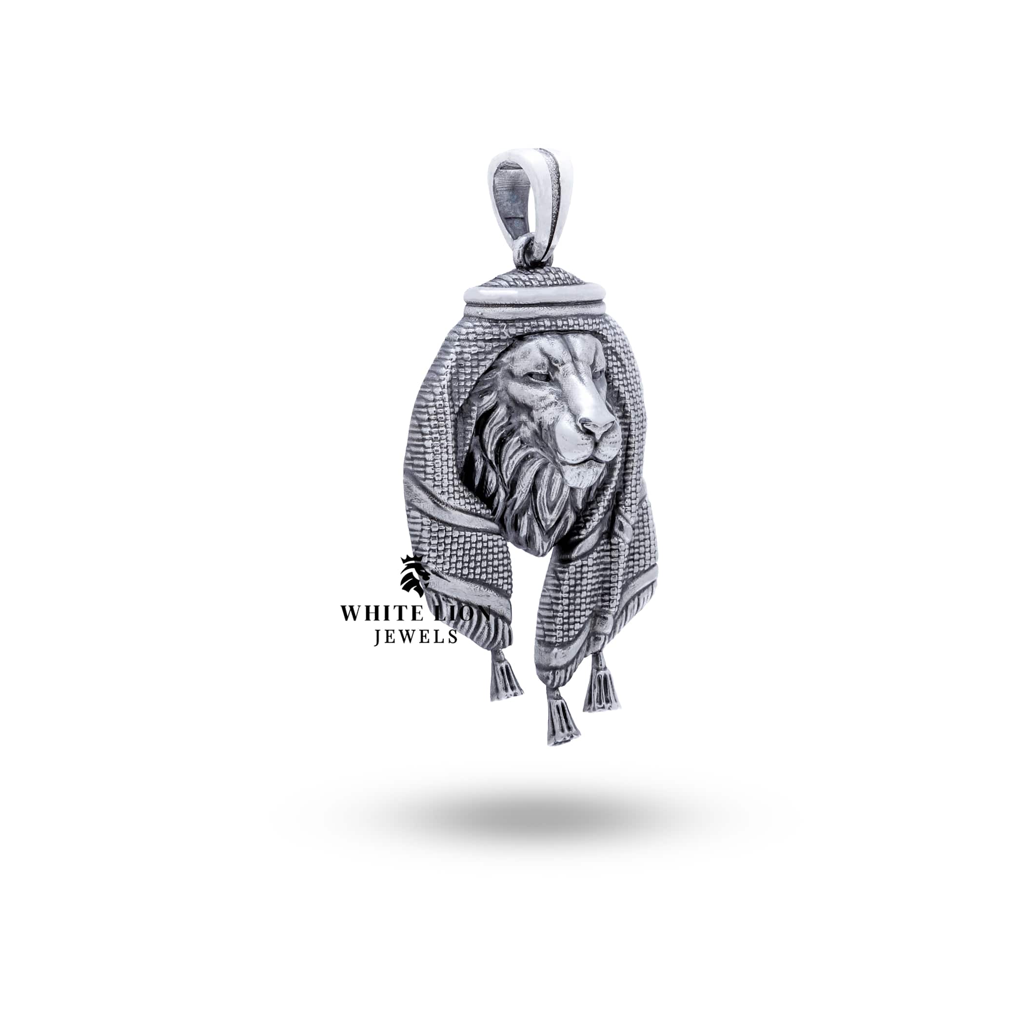 Side view highlighting the oxidized silver texture of the Arabic Lion King Pendant.
