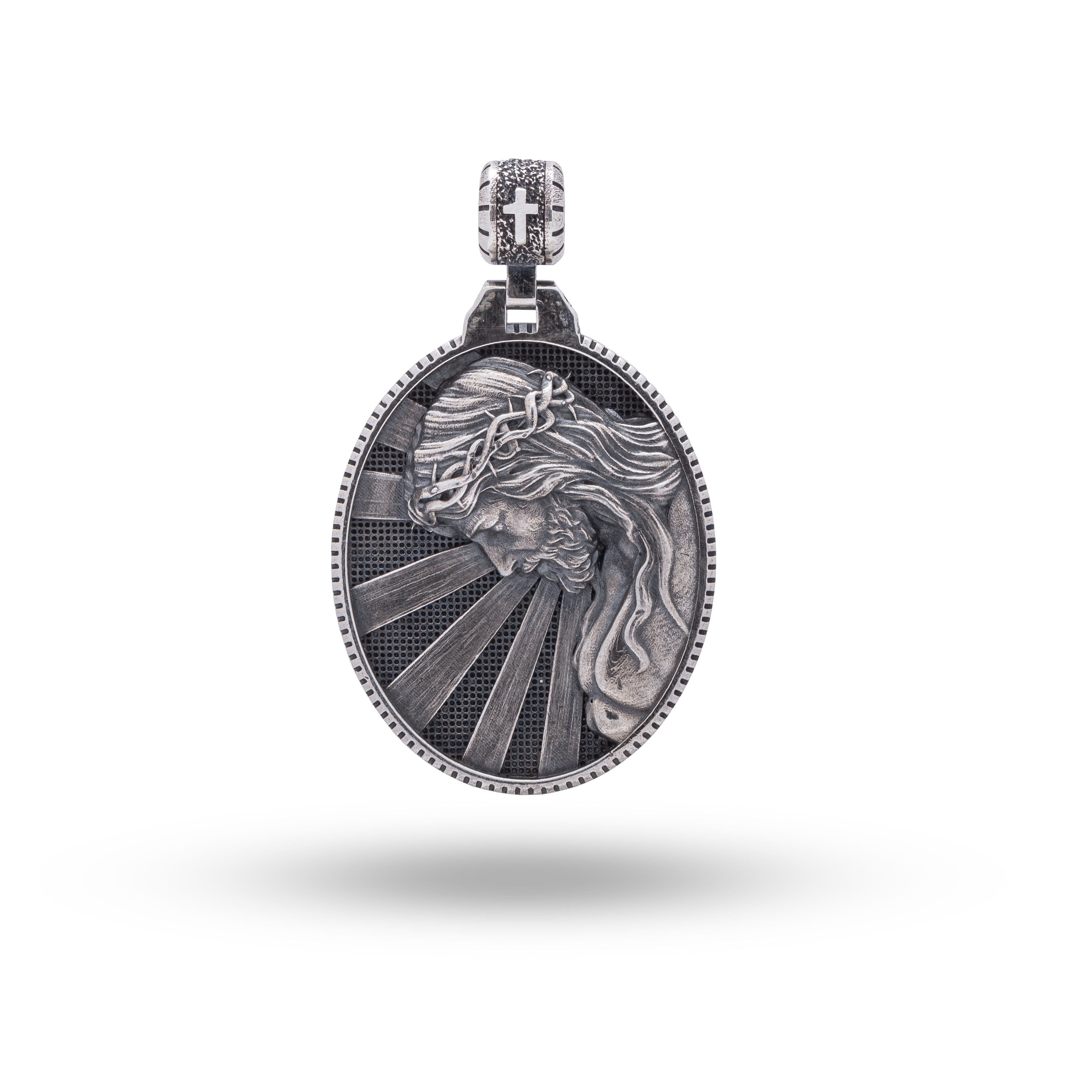 Front view of Jesus Face Rays 925 Sterling Silver Pendant in oxidized silver showcasing intricate design.