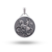 Front view of the St George 925 Sterling Silver Round Pendant, showcasing its oxidized silver finish and intricate design.