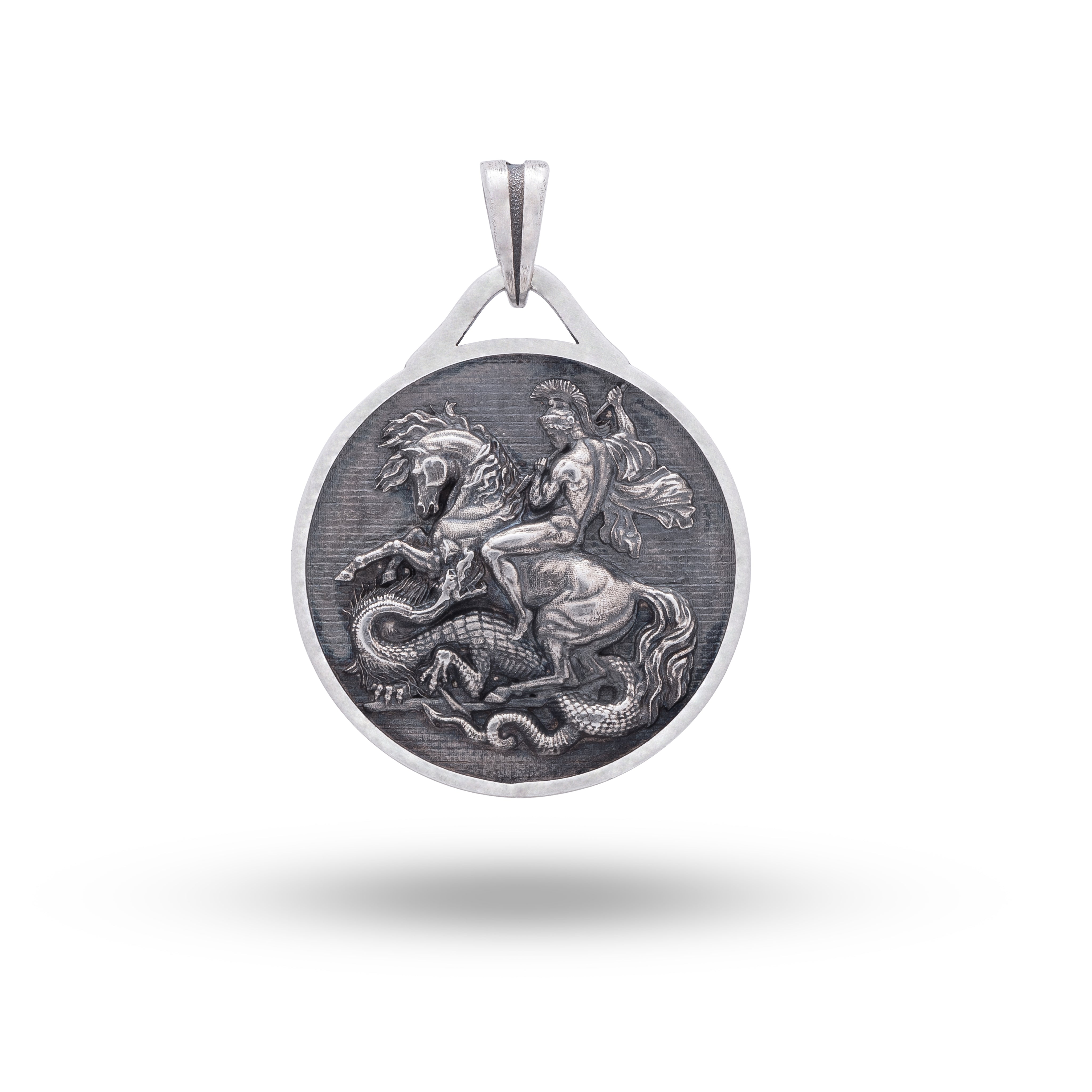 Front view of the St George 925 Sterling Silver Round Pendant, showcasing its oxidized silver finish and intricate design.