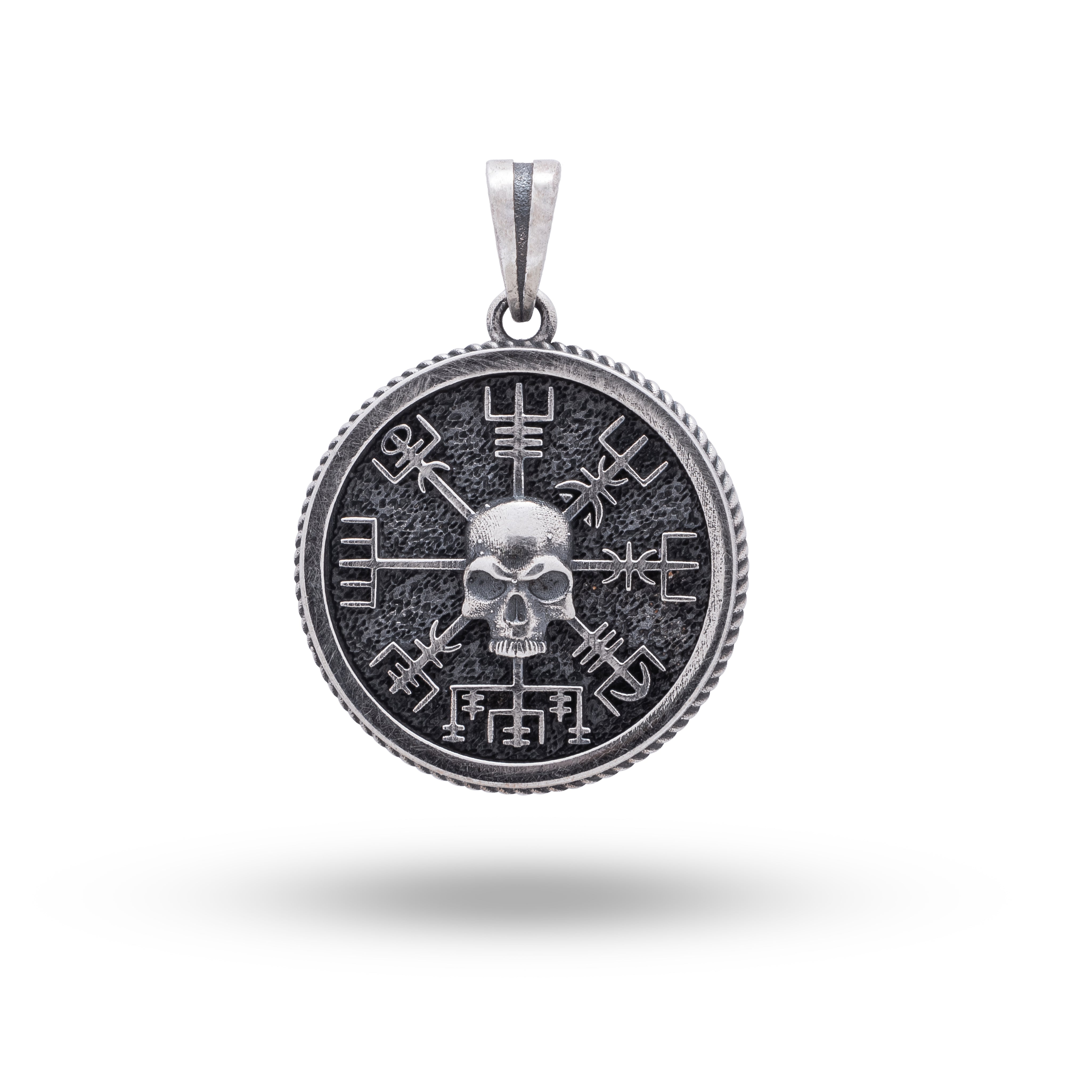Front view of Vegvisir Viking Compass 925 Sterling Silver Pendant with intricate Nordic design