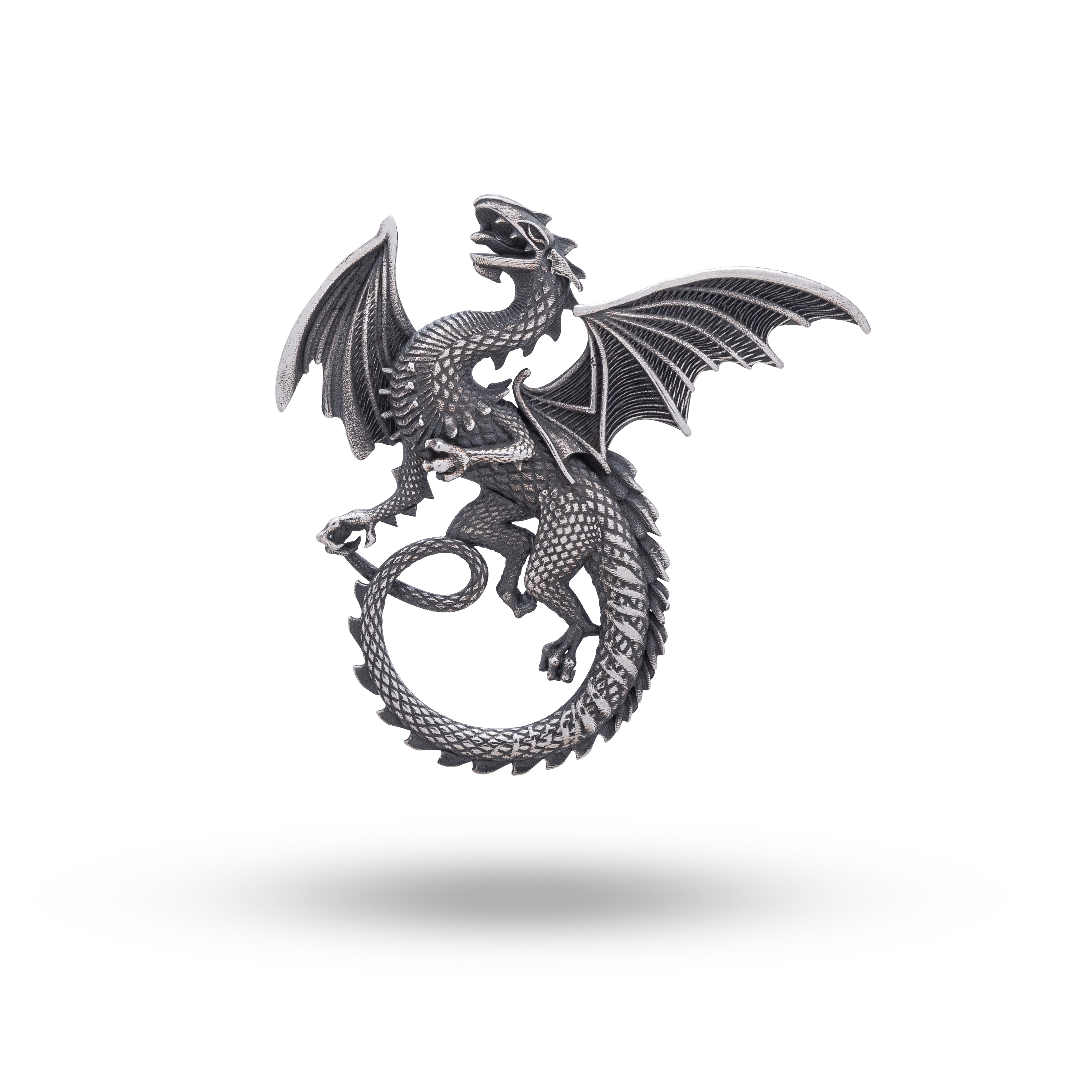 Front view of Flying Dragon 925 Sterling Silver Pendant in oxidized silver showcasing intricate dragon design.