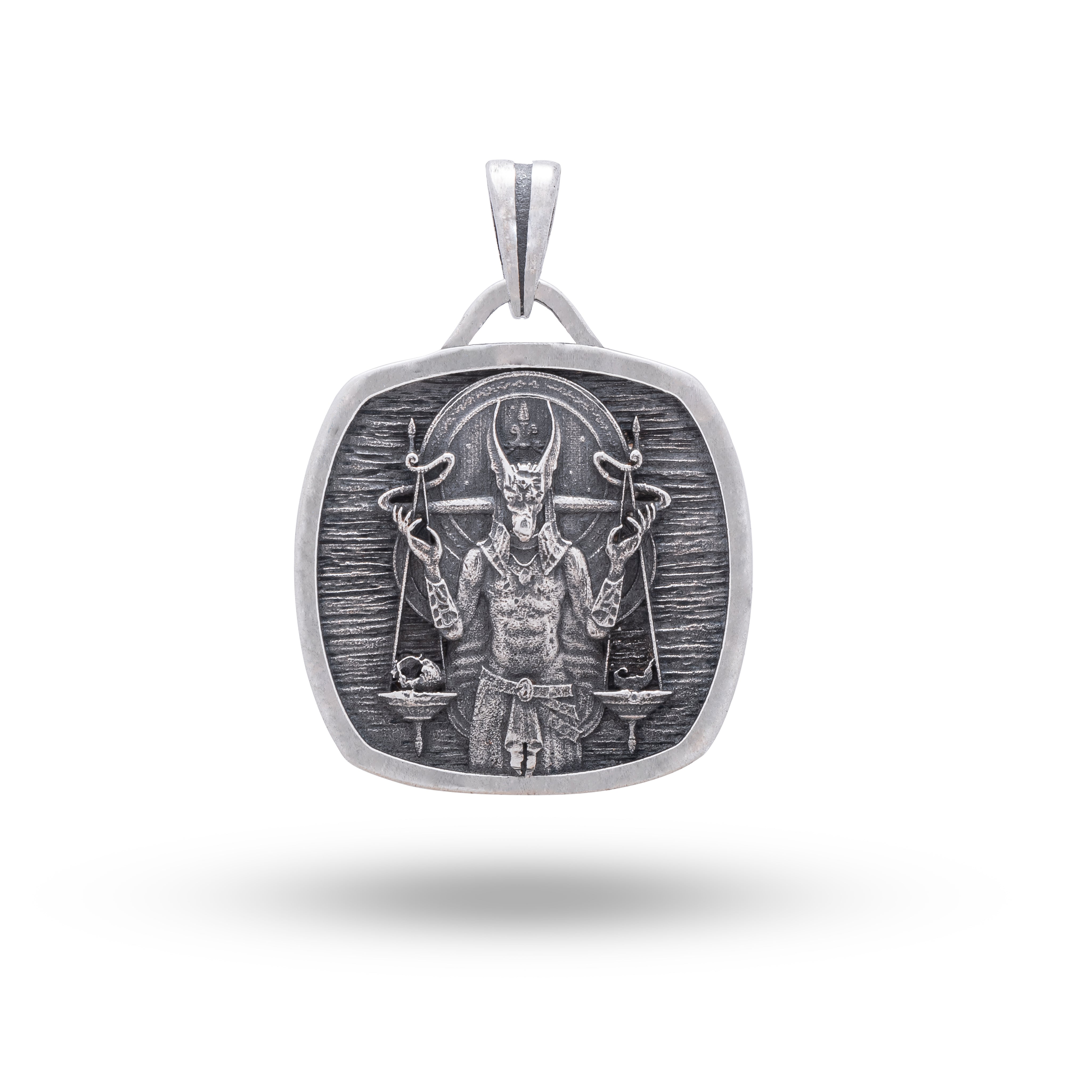 Front view of Anubis Scale Square Egyptian 925 Sterling Silver Pendant featuring oxidized silver finish.