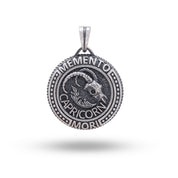 Front view of Memento Mori Goat Capricorn Zodiac Sign pendant in 925 Sterling Silver with oxidized finish by White Lion Jewels.