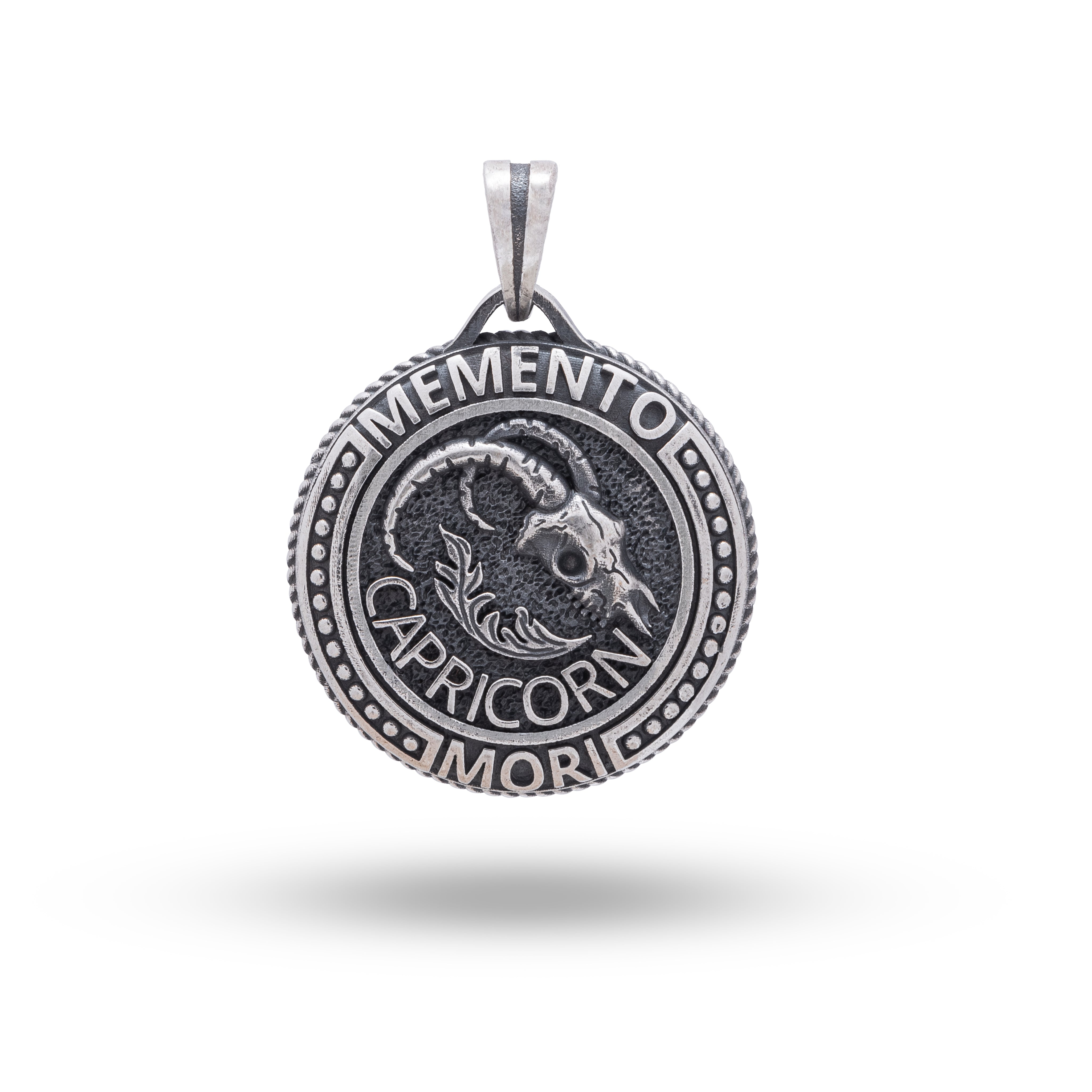 Front view of Memento Mori Goat Capricorn Zodiac Sign pendant in 925 Sterling Silver with oxidized finish by White Lion Jewels.