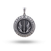Front view of Star Wars Jedi Order 925 Sterling Silver Pendant by White Lion Jewels showcasing intricate design.