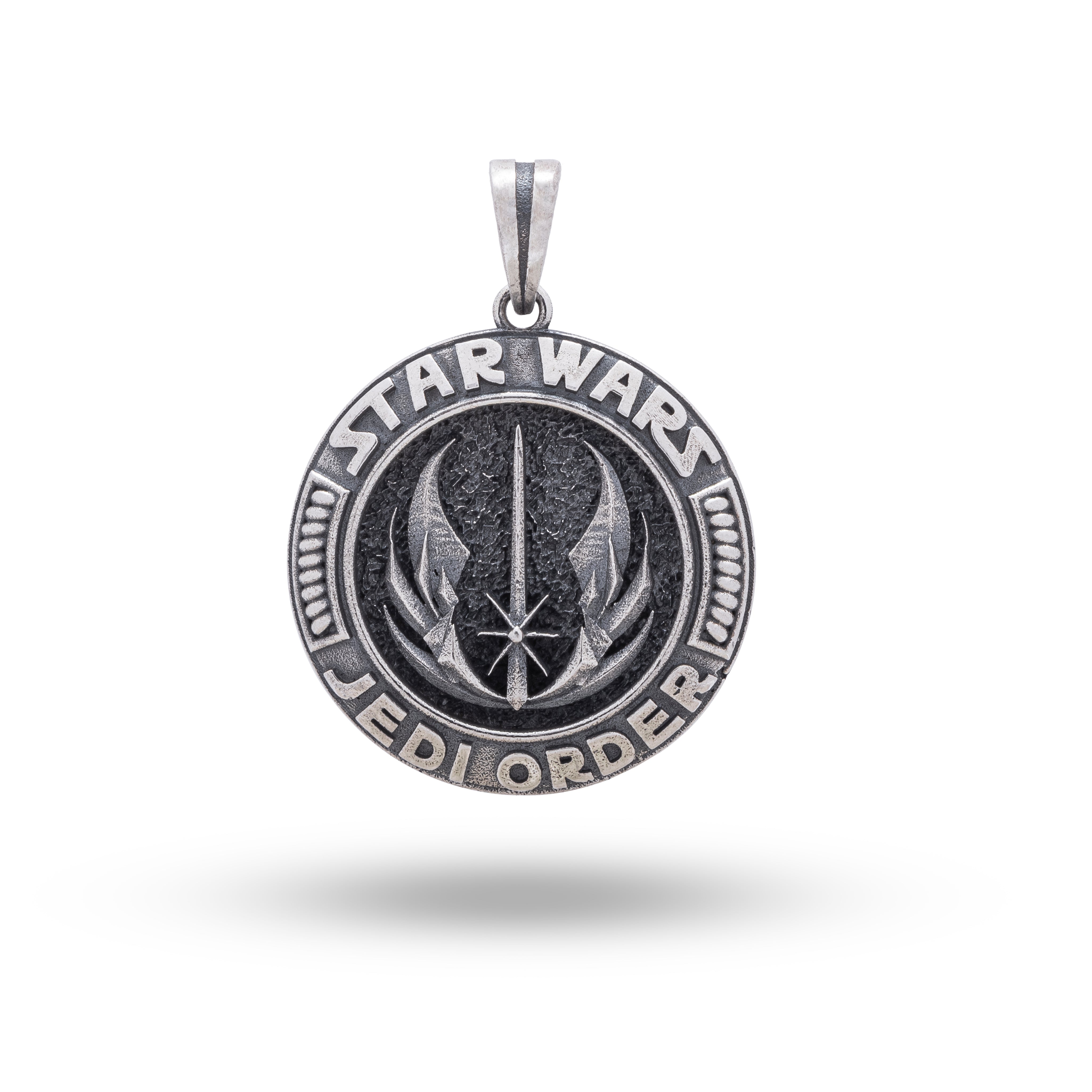 Front view of Star Wars Jedi Order 925 Sterling Silver Pendant by White Lion Jewels showcasing intricate design.