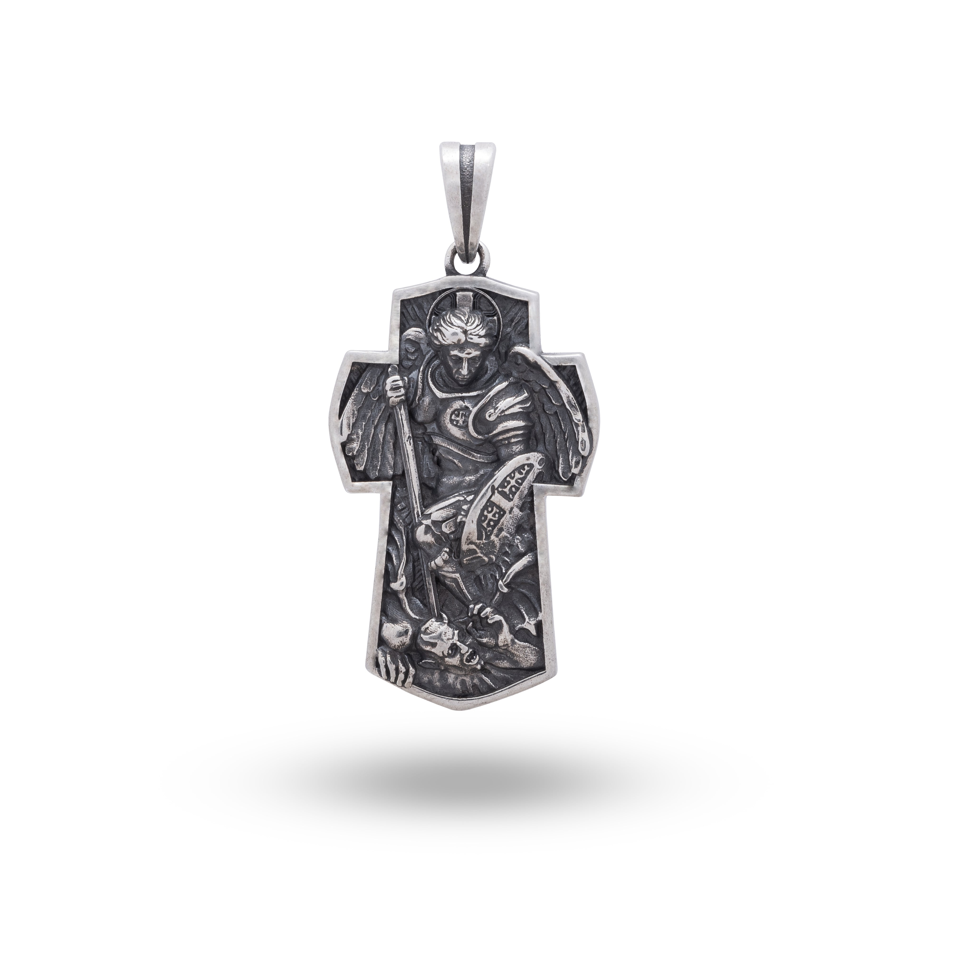 925 Sterling Silver Cross Pendant of St Michael Archangel showcasing intricate oxidized detailing.