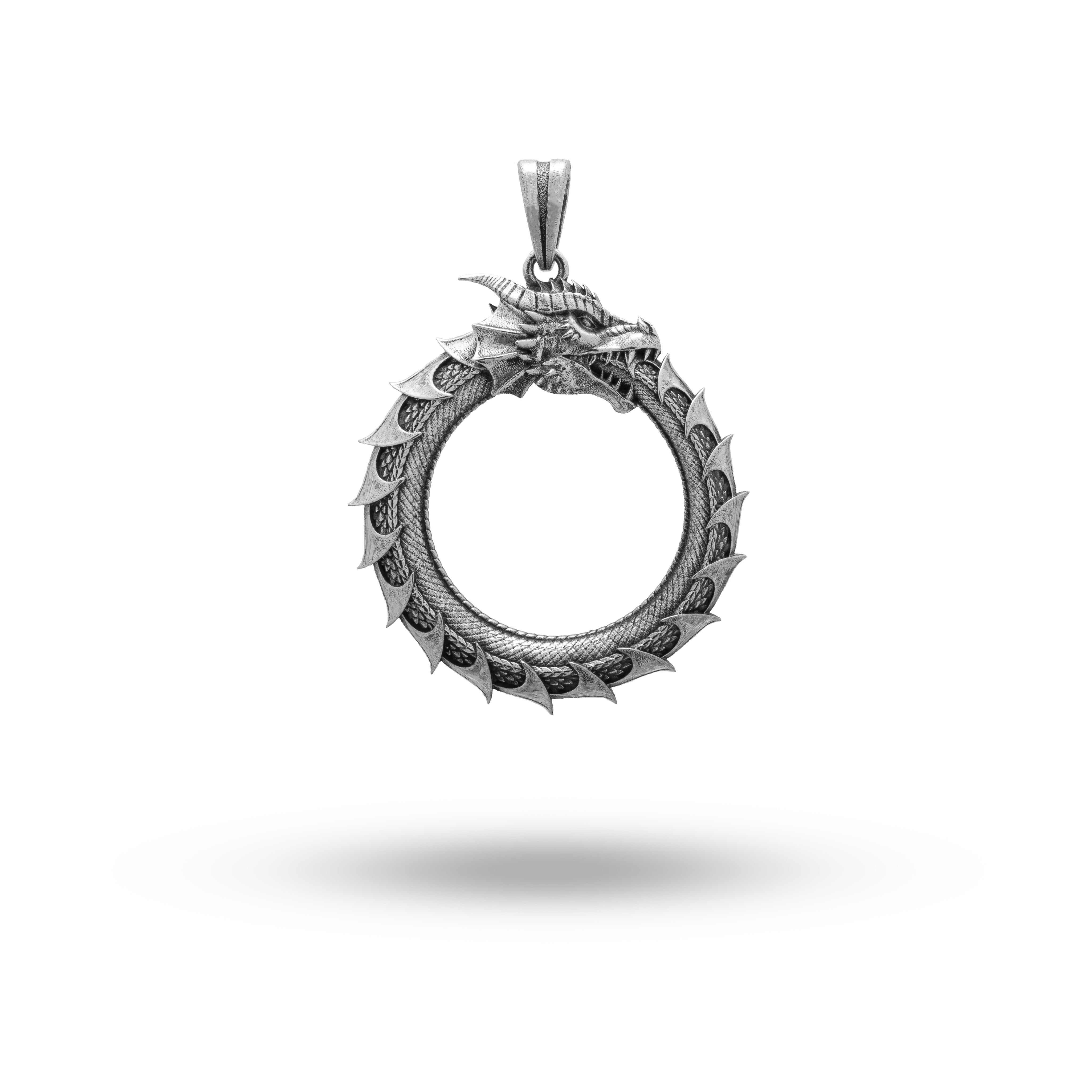 Ouroboros Dragon 925 Sterling Silver Pendant with oxidized finish, handcrafted by White Lion Jewels, elegant and mythical design.